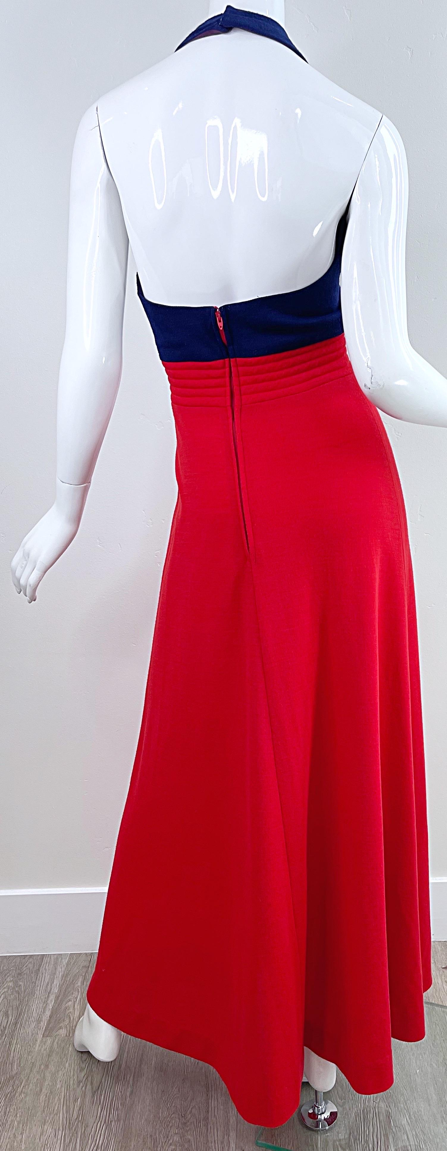 1970s Gay Gibson Navy Blue + Red Lightweight Wool Nautical Halter Maxi Dress 70s For Sale 4
