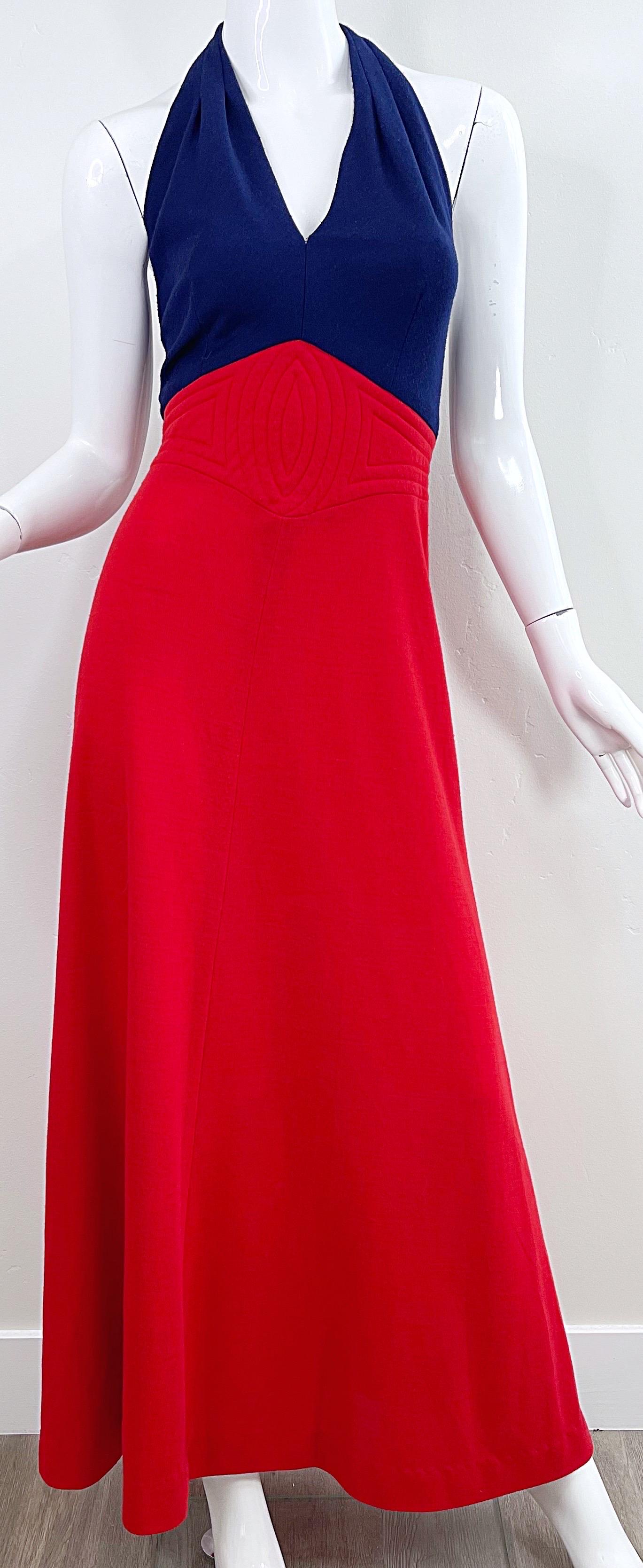 1970s Gay Gibson & Gibson Navy Blue + Red Lightweight Wool Nautical Halter Maxi Dress 70s in vendita 4