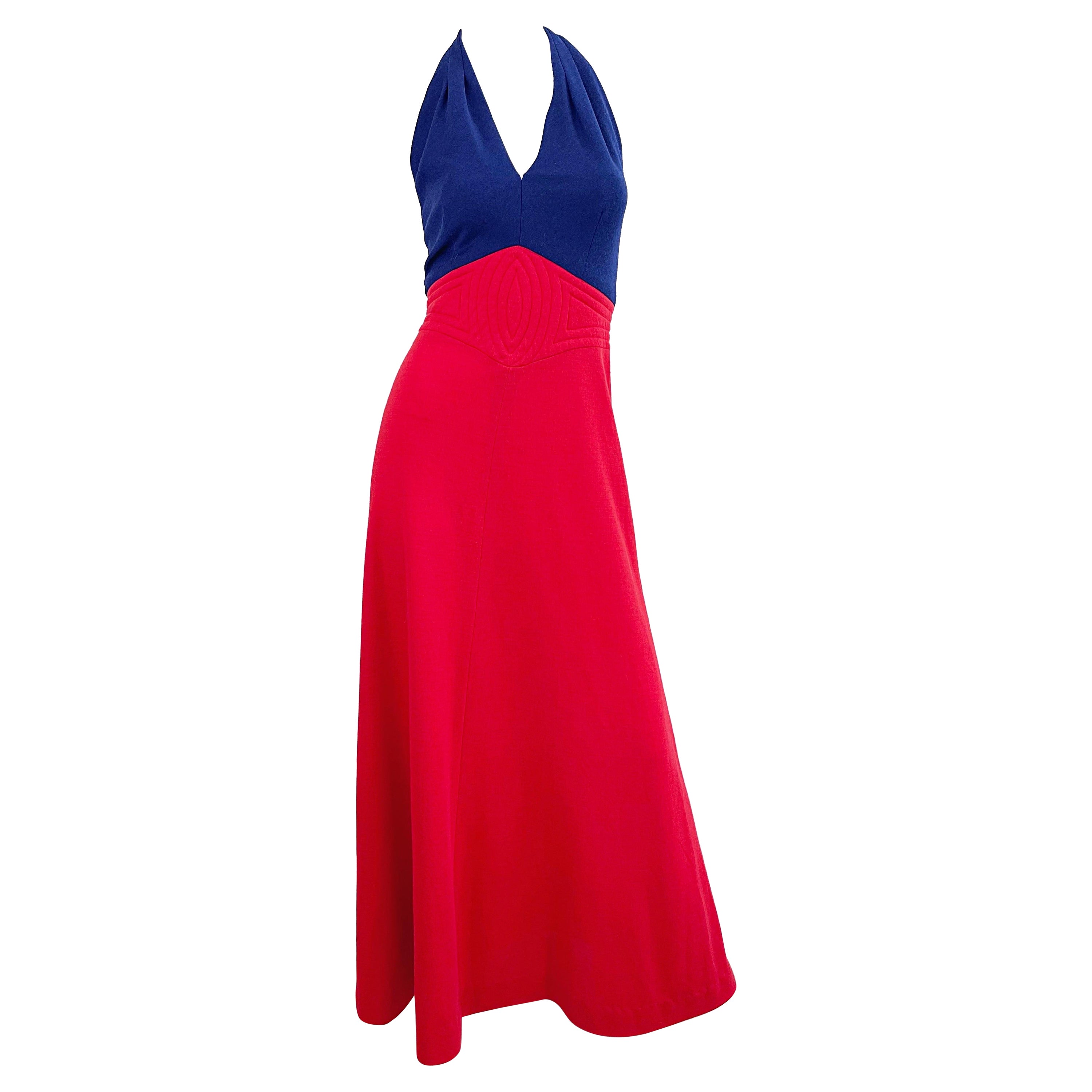 1970er Gay Gibson Marineblaues + rotes, leichtes Maxikleid mit nautischem Träger aus Wolle 70er