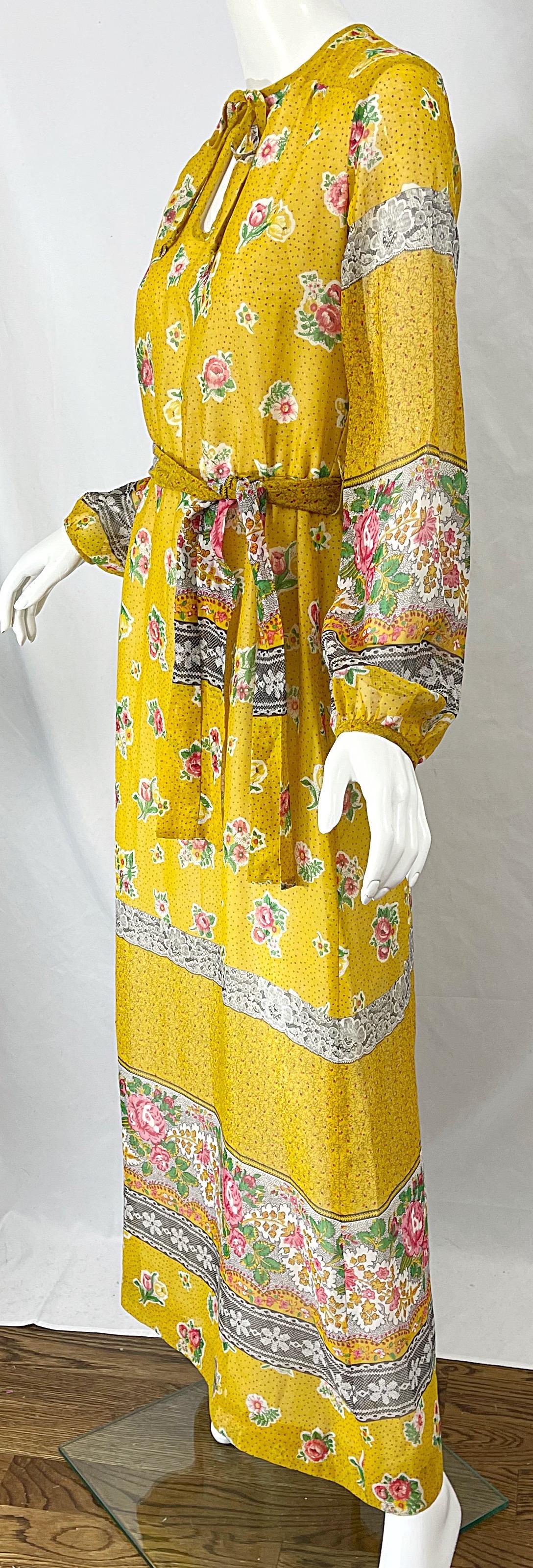 1970s Gay Gibson Trompe L’Oeil Lace Print Yellow Cotton Voile 70s Maxi Dress For Sale 3