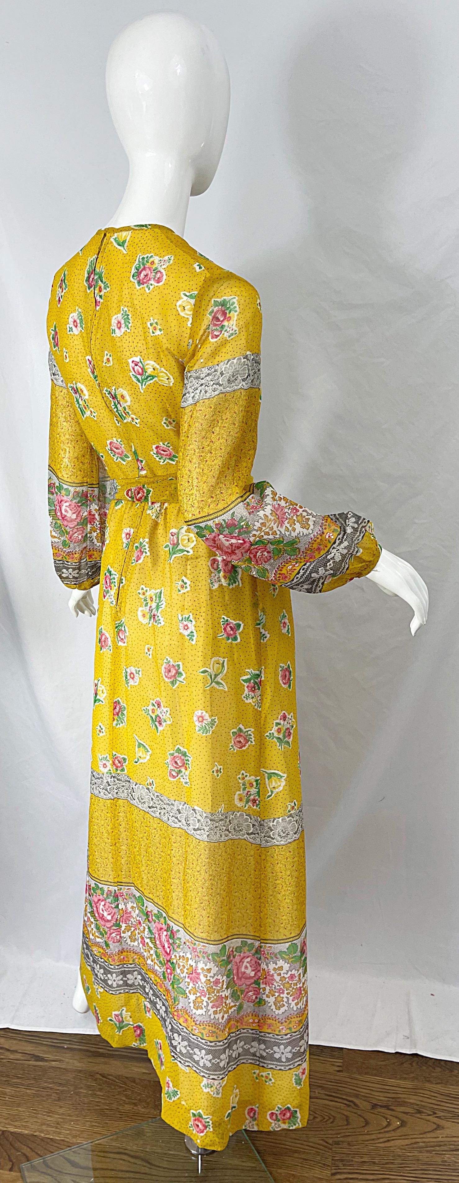 1970s Gay Gibson Trompe L’Oeil Lace Print Yellow Cotton Voile 70s Maxi Dress For Sale 4