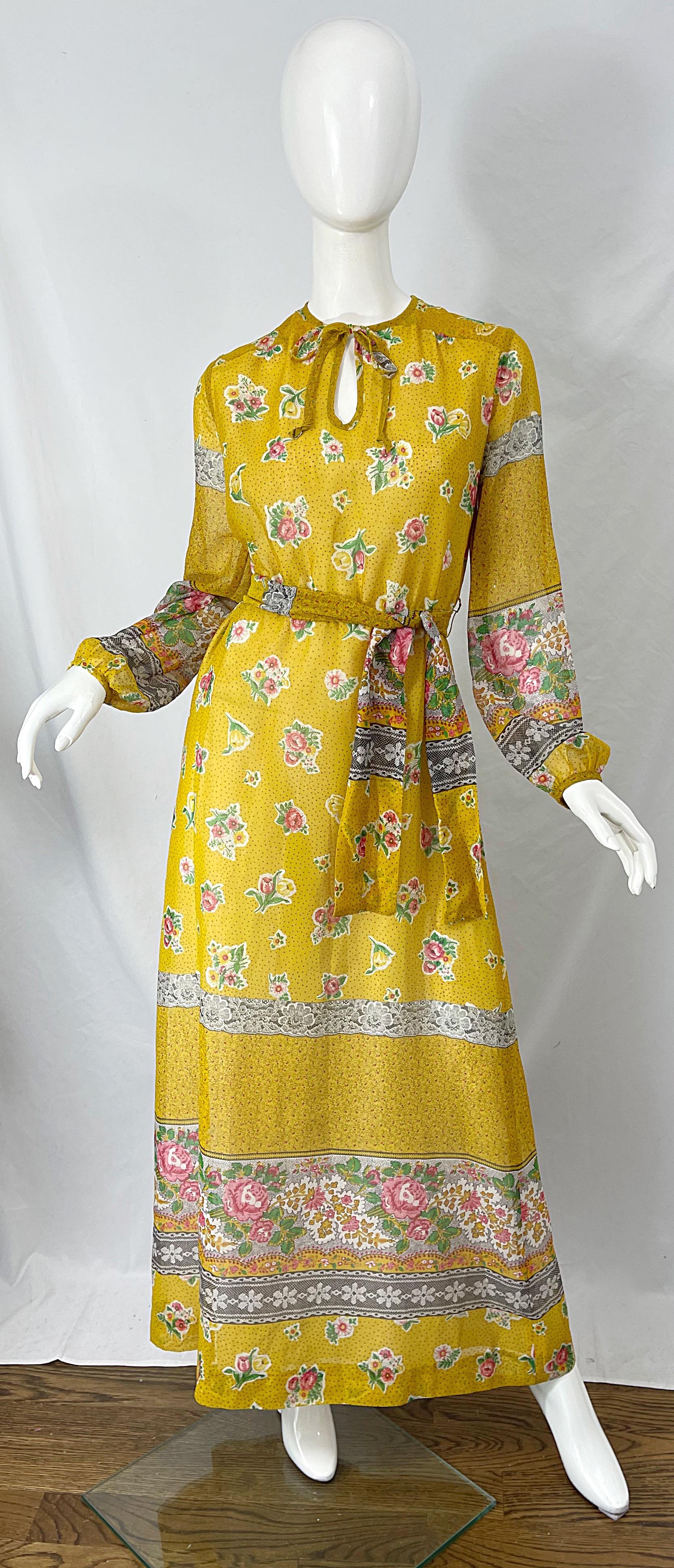 1970s Gay Gibson Trompe L’Oeil Lace Print Yellow Cotton Voile 70s Maxi Dress For Sale 5