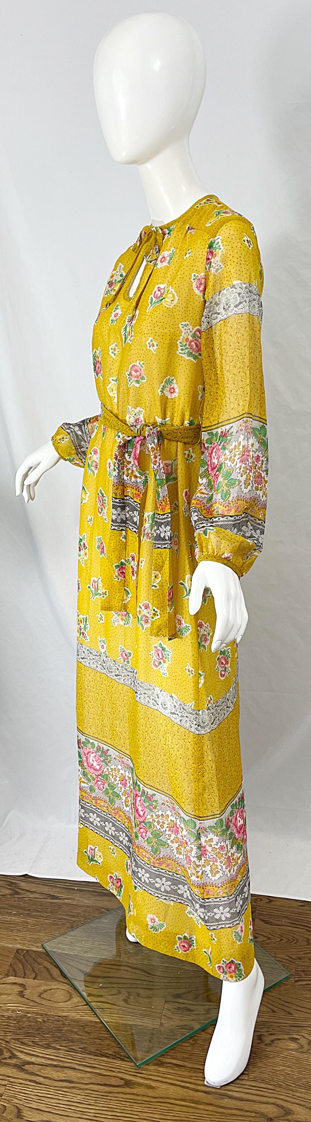 1970s Gay Gibson Trompe L’Oeil Lace Print Yellow Cotton Voile 70s Maxi Dress For Sale 6