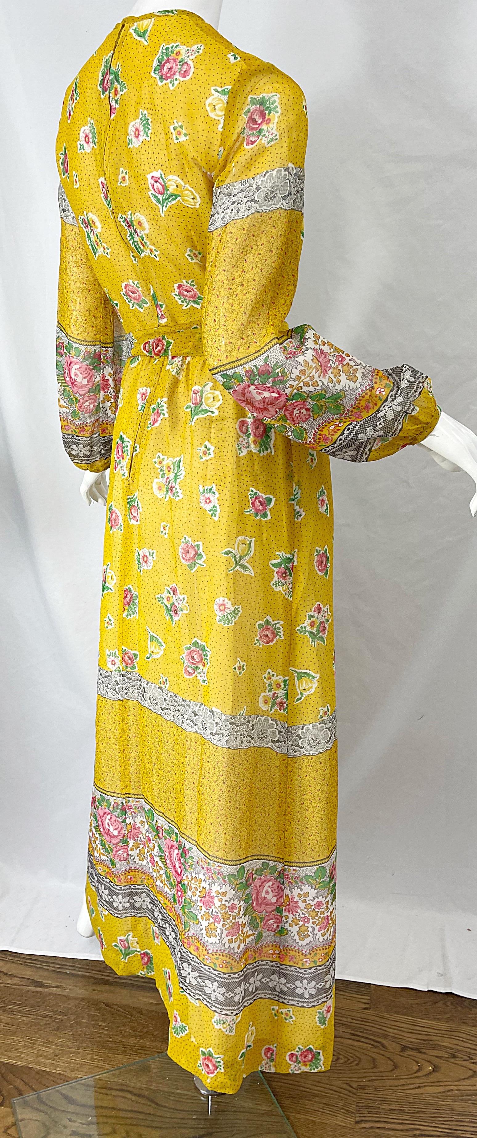 1970s Gay Gibson Trompe L’Oeil Lace Print Yellow Cotton Voile 70s Maxi Dress For Sale 7