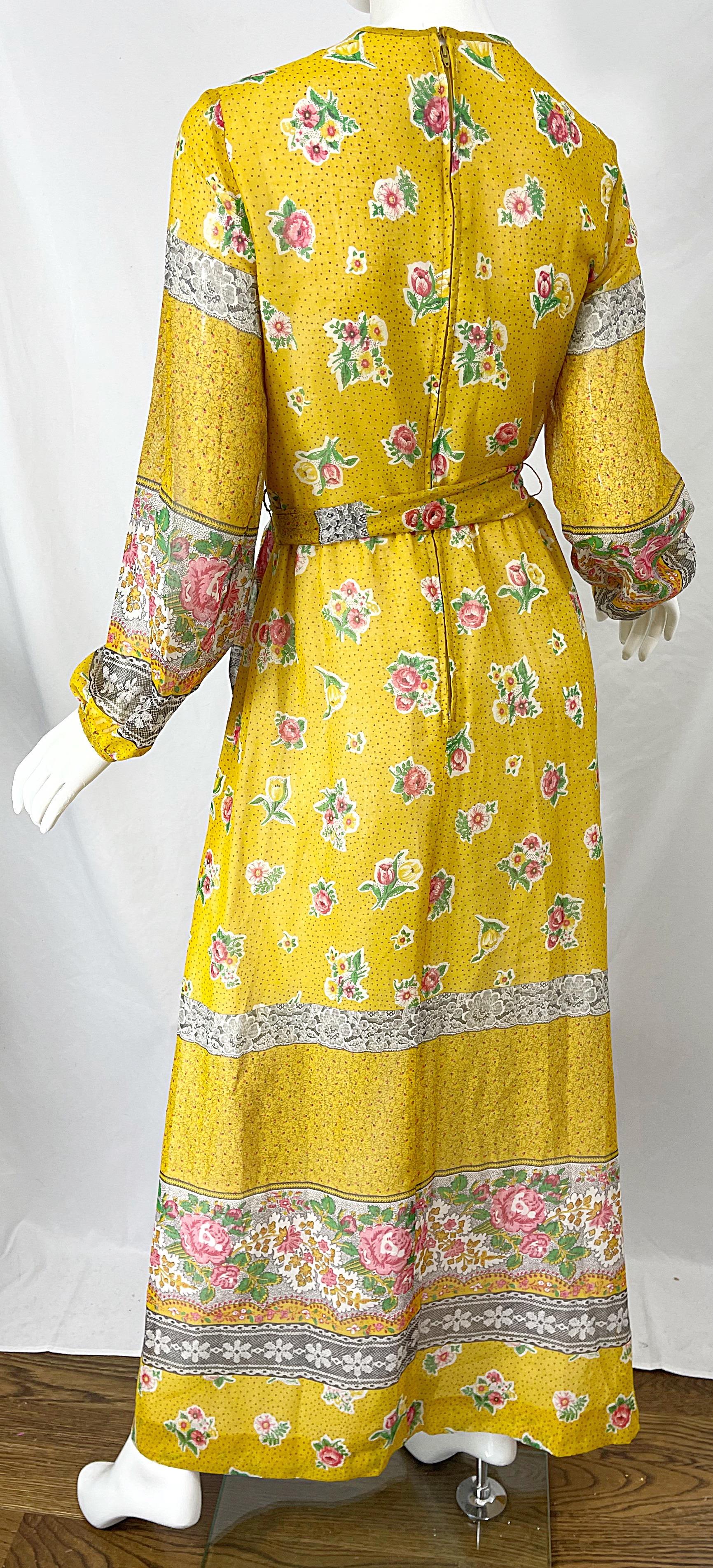 1970s Gay Gibson Trompe L’Oeil Lace Print Yellow Cotton Voile 70s Maxi Dress For Sale 8