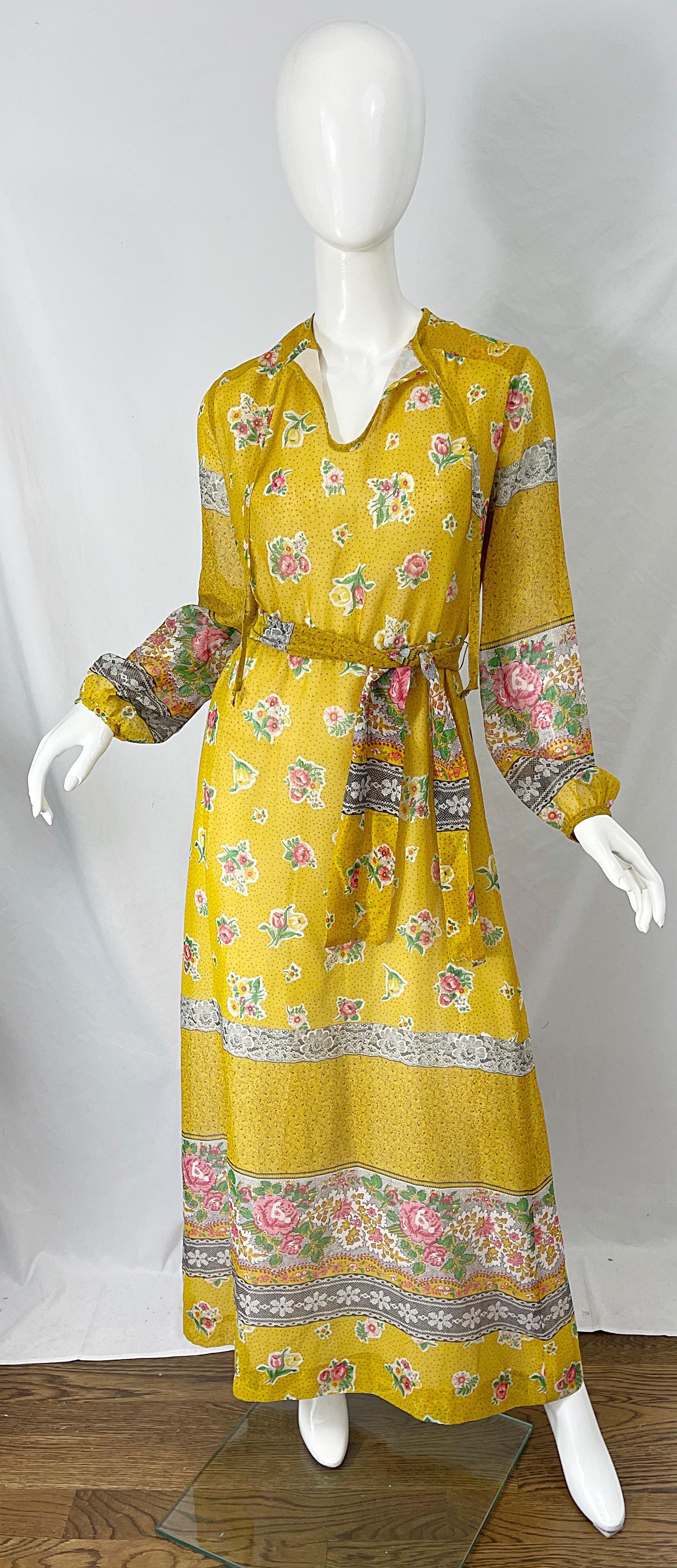 1970s Gay Gibson Trompe L’Oeil Lace Print Yellow Cotton Voile 70s Maxi Dress For Sale 9