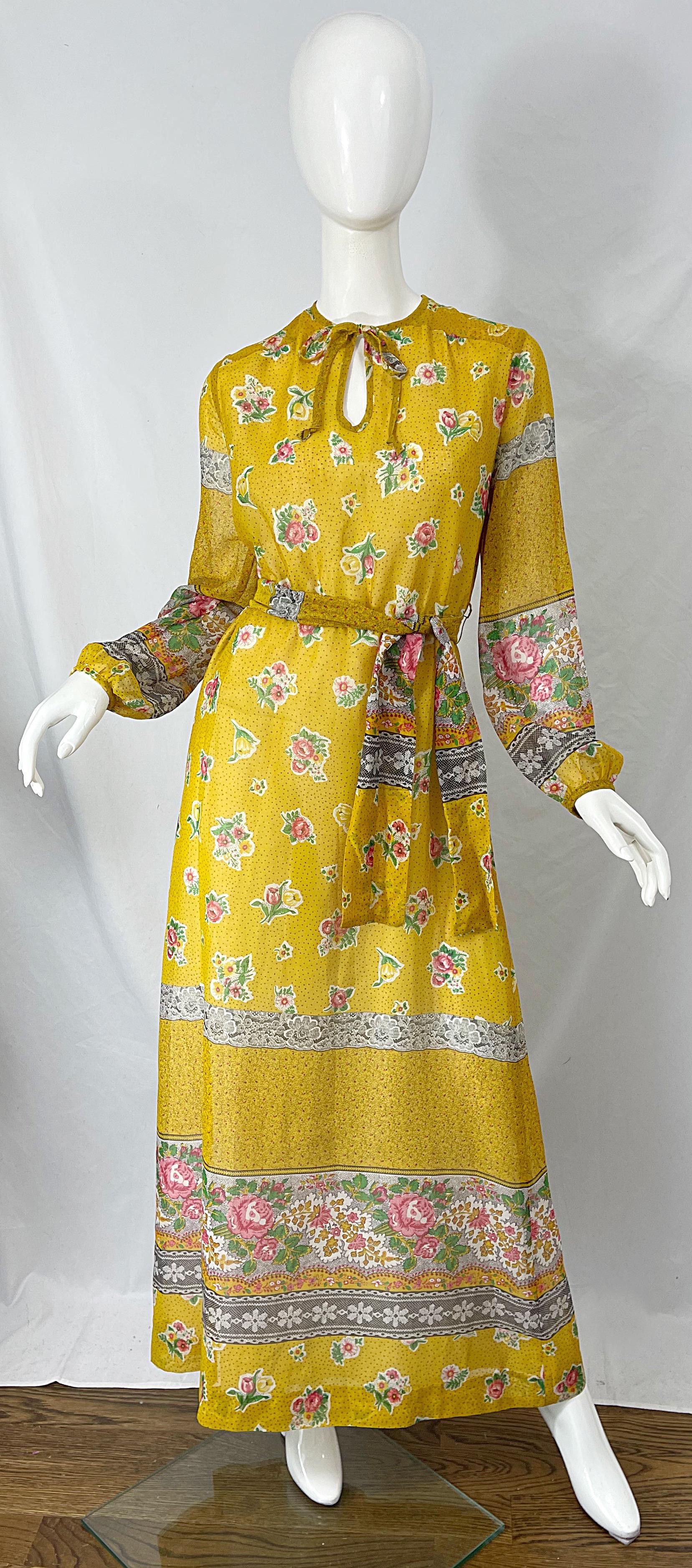 1970s Gay Gibson Trompe L’Oeil Lace Print Yellow Cotton Voile 70s Maxi Dress For Sale 11