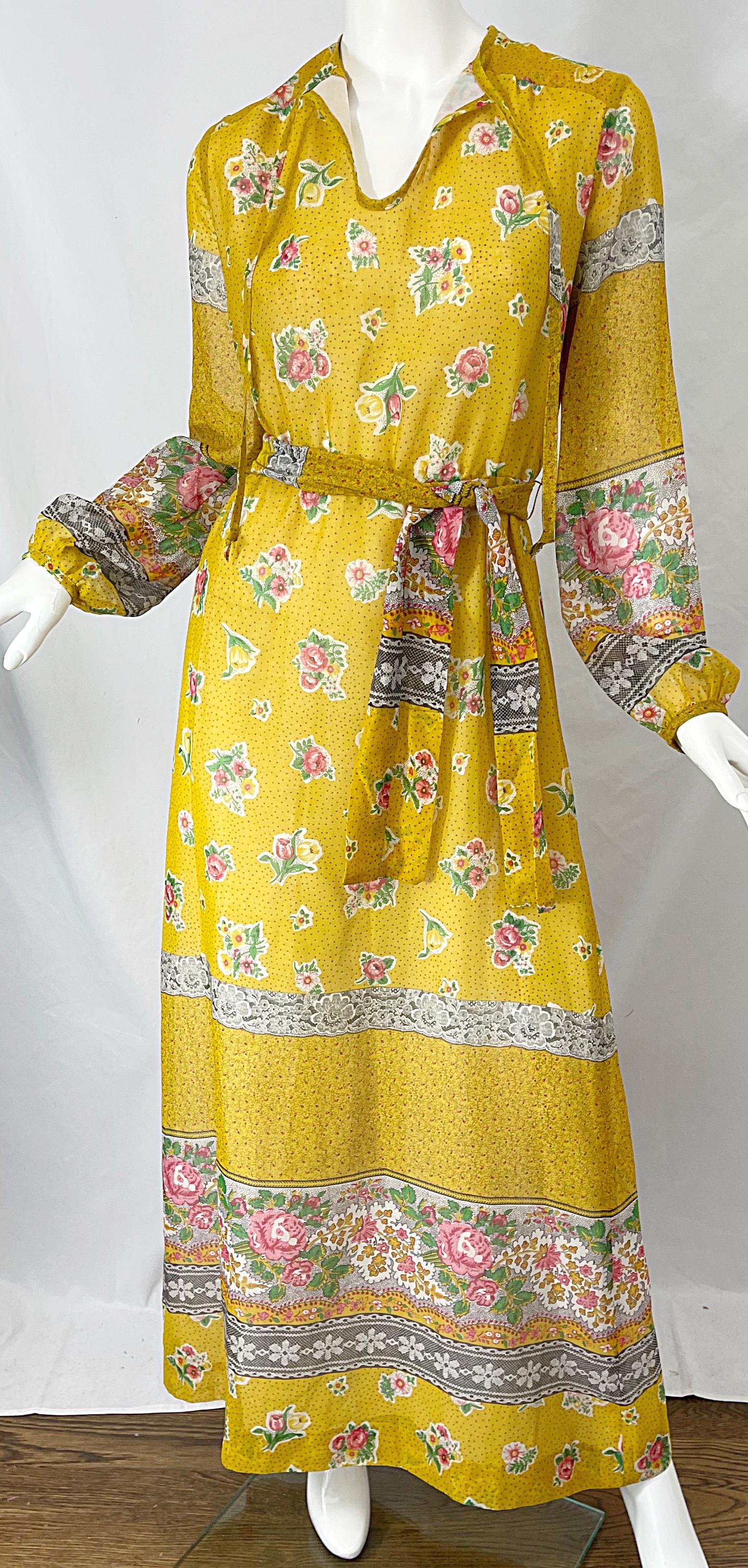 Women's 1970s Gay Gibson Trompe L’Oeil Lace Print Yellow Cotton Voile 70s Maxi Dress For Sale