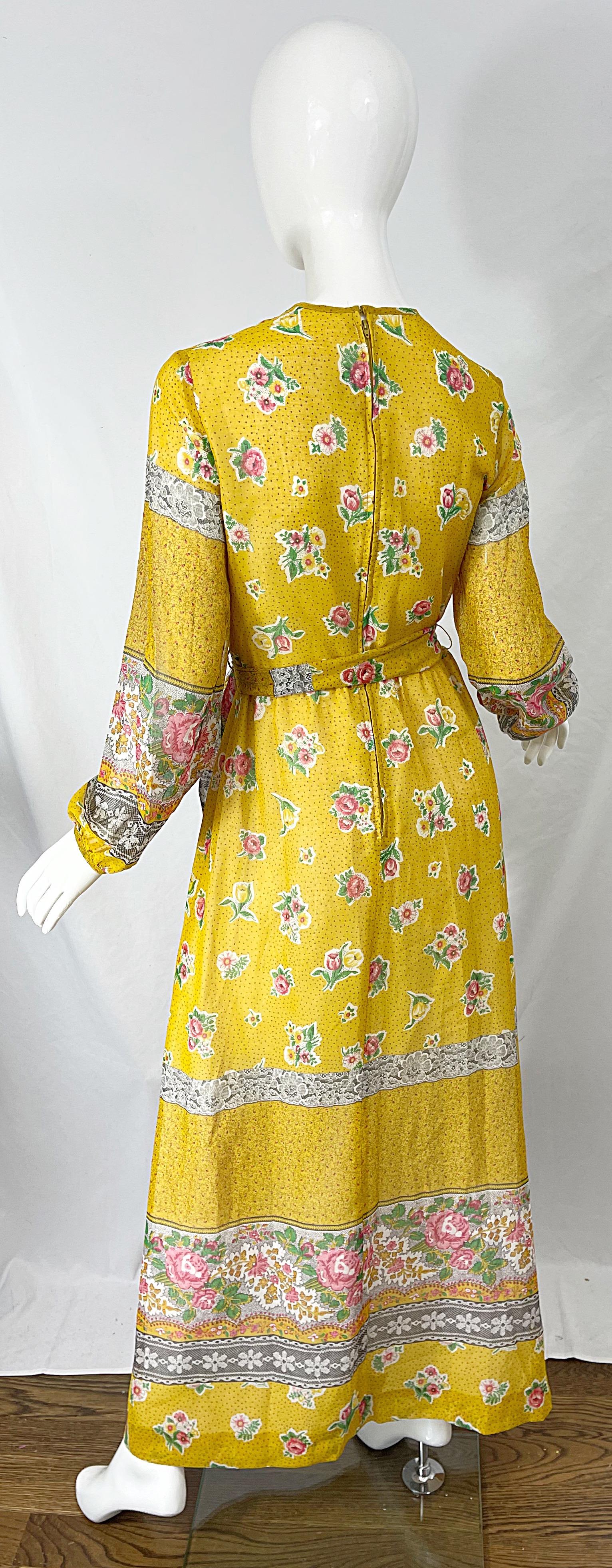 1970s Gay Gibson Trompe L’Oeil Lace Print Yellow Cotton Voile 70s Maxi Dress For Sale 1