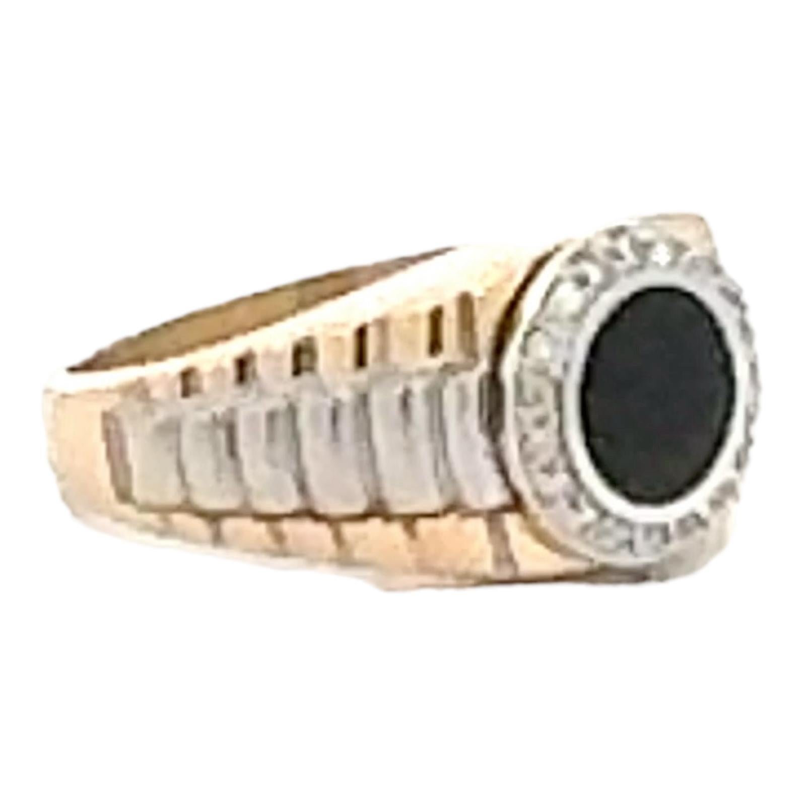 Modern 1970's Gent's Diamond Onyx 14 Karat Yellow & White Gold 'Rolex' Style ring For Sale