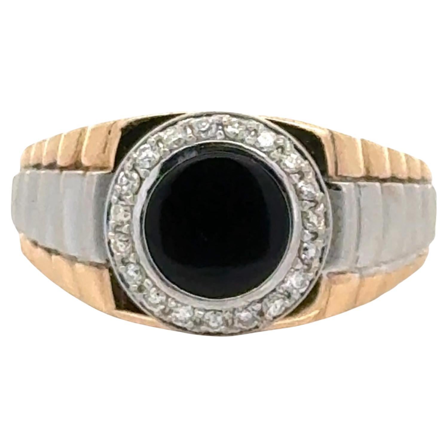 1970's Gent's Diamond Onyx 14 Karat Yellow & White Gold 'Rolex' Style ring For Sale