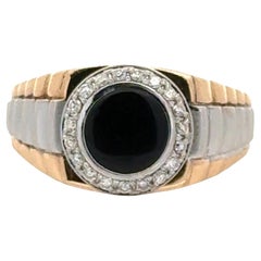 Anello stile Rolex con diamante e onice 14 carati in oro giallo e bianco, anni '70, per uomo