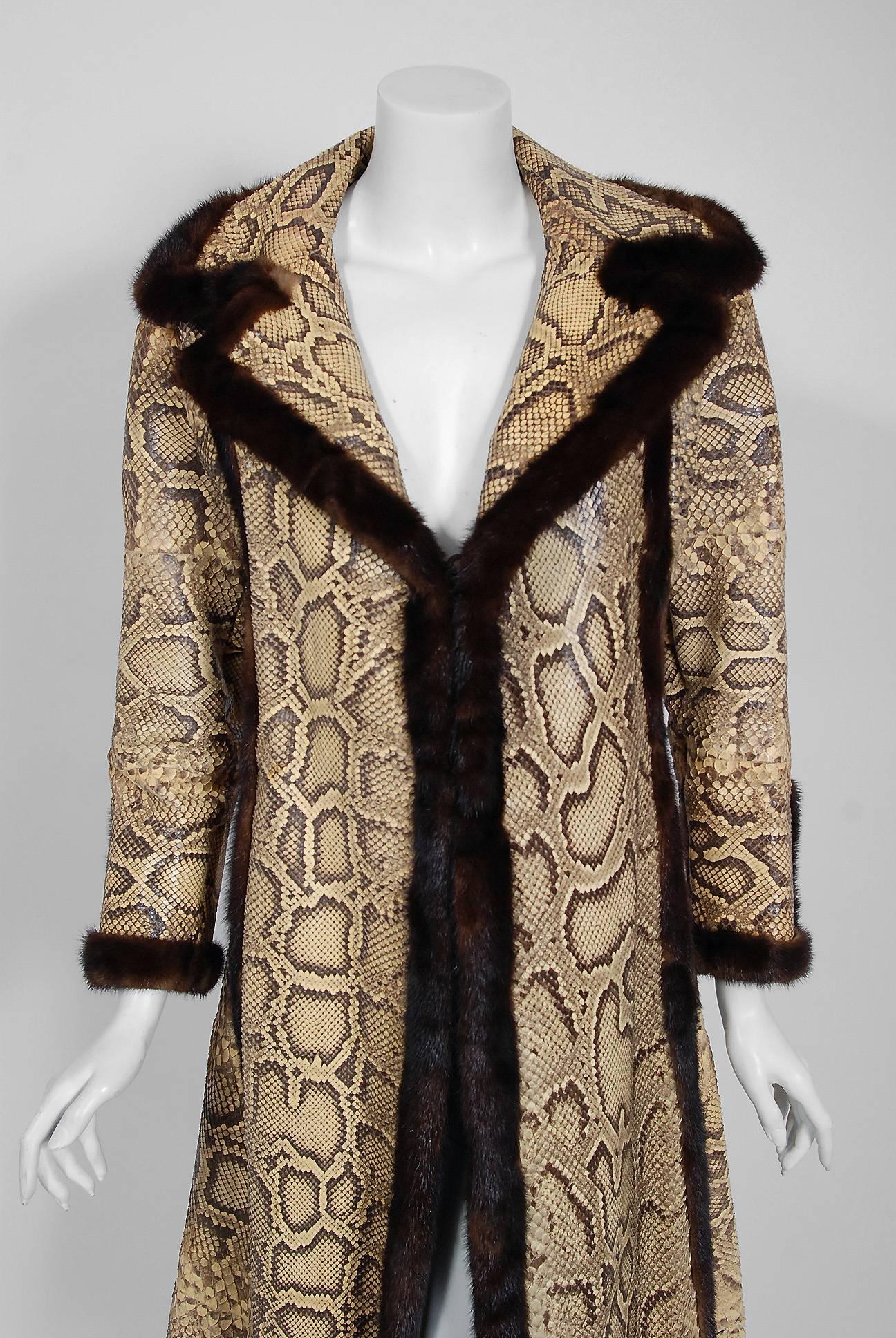 Brown 1970's Genuine Python Snakeskin & Mink Fur Portrait Collar Princess Coat Jacket