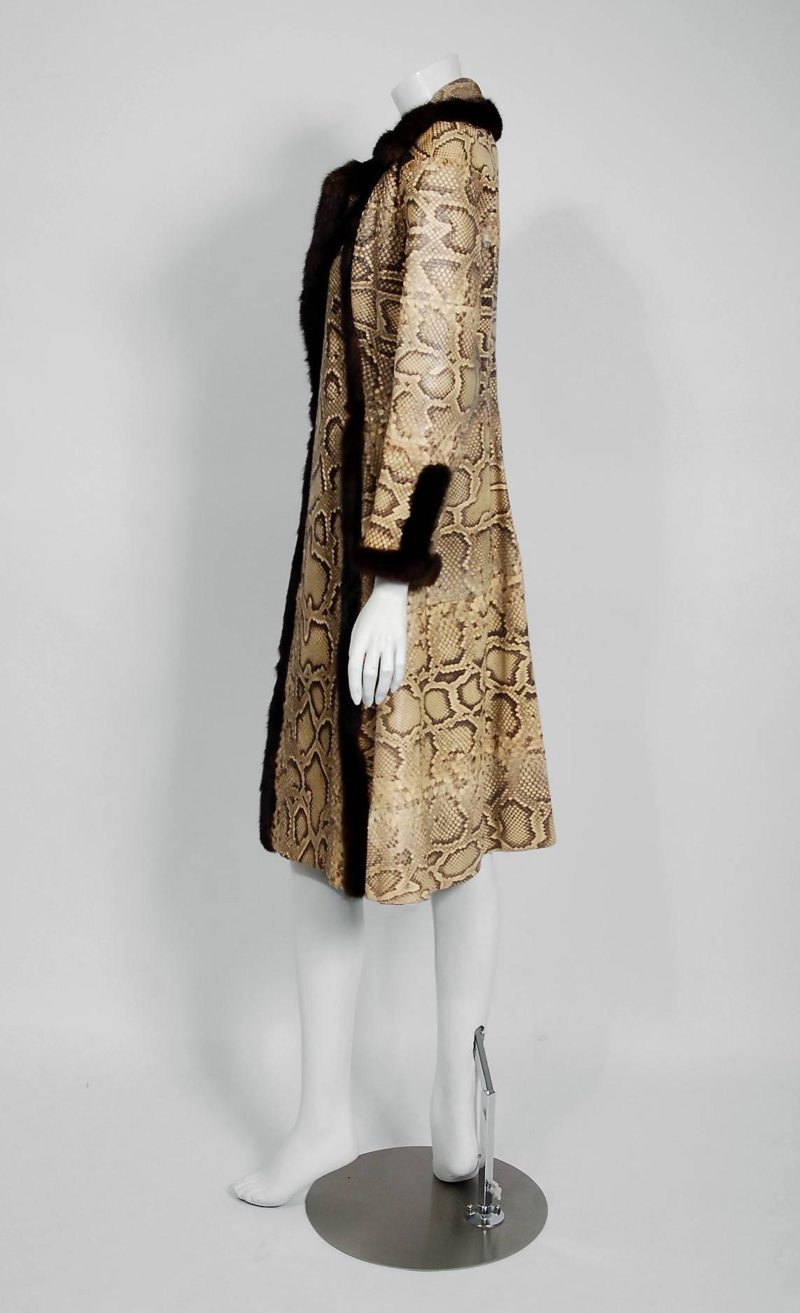 1970's Genuine Python Snakeskin & Mink Fur Portrait Collar Princess Coat Jacket 1