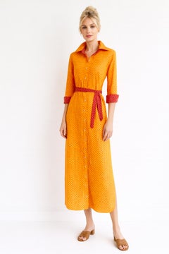 1970s Geoffrey Beene Cotton Shirtwaist Dress with Orange Daisy Print