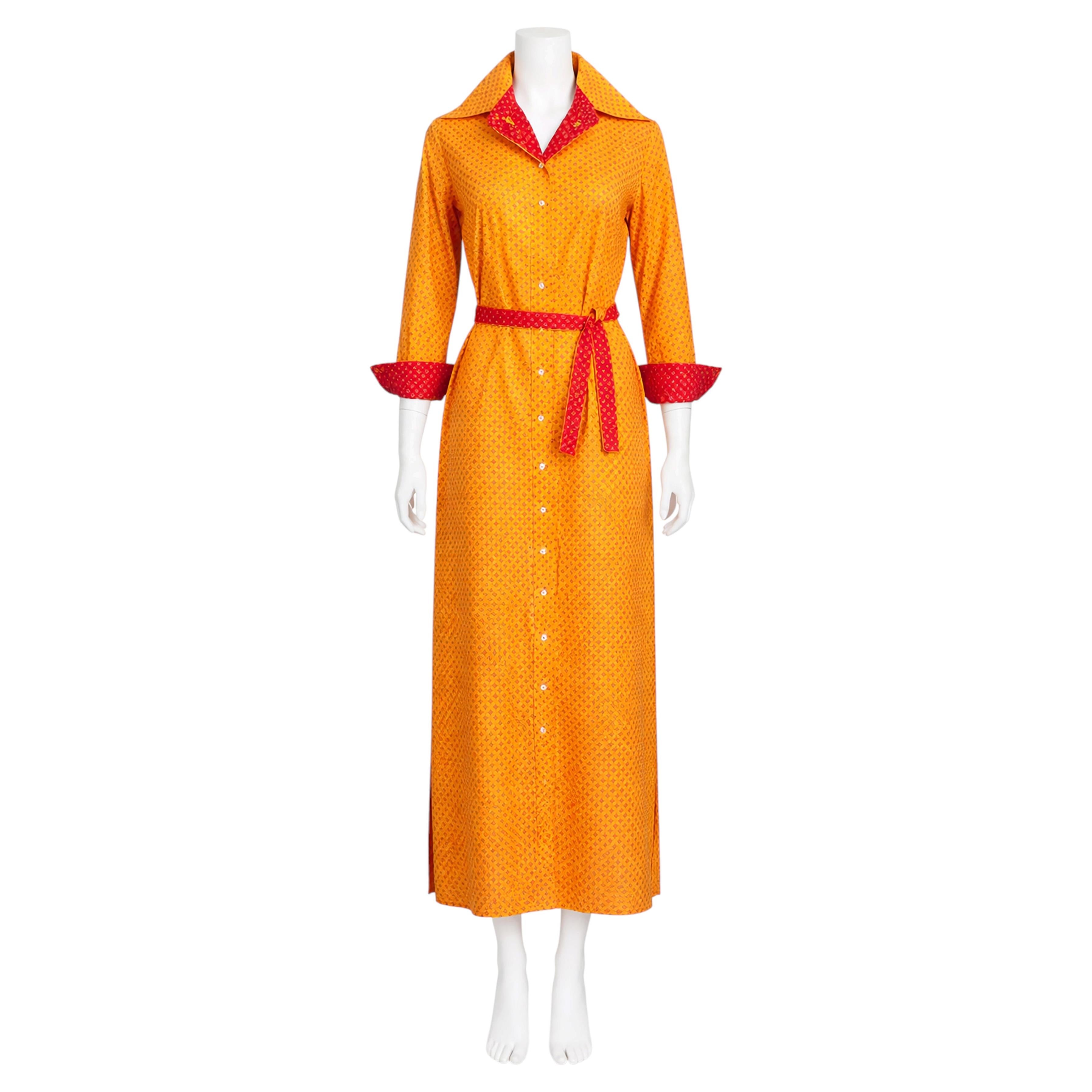 1970s Geoffrey Beene Cotton Shirtwaist Dress with Orange Daisy Print