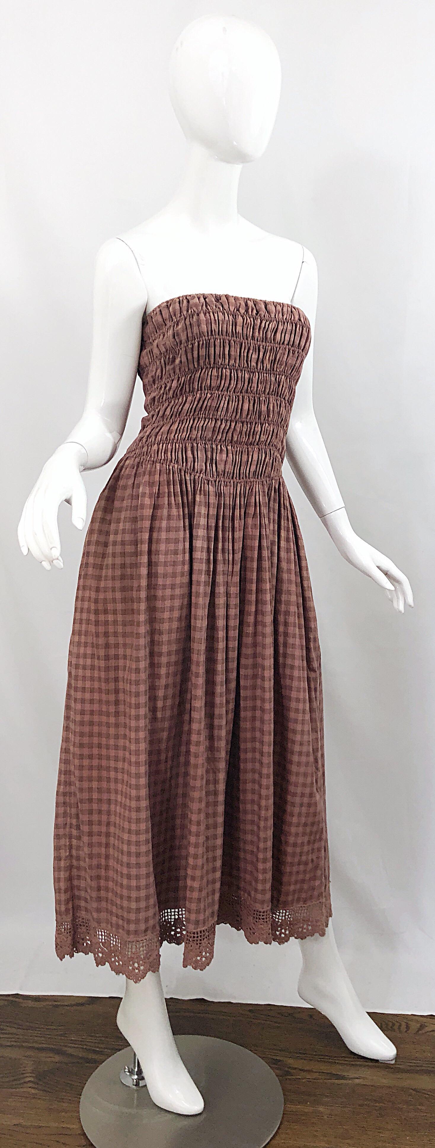 1970s Geoffrey Beene Dusty Rose Pink + Brown Crochet Strapless Ombre Midi Dress 6