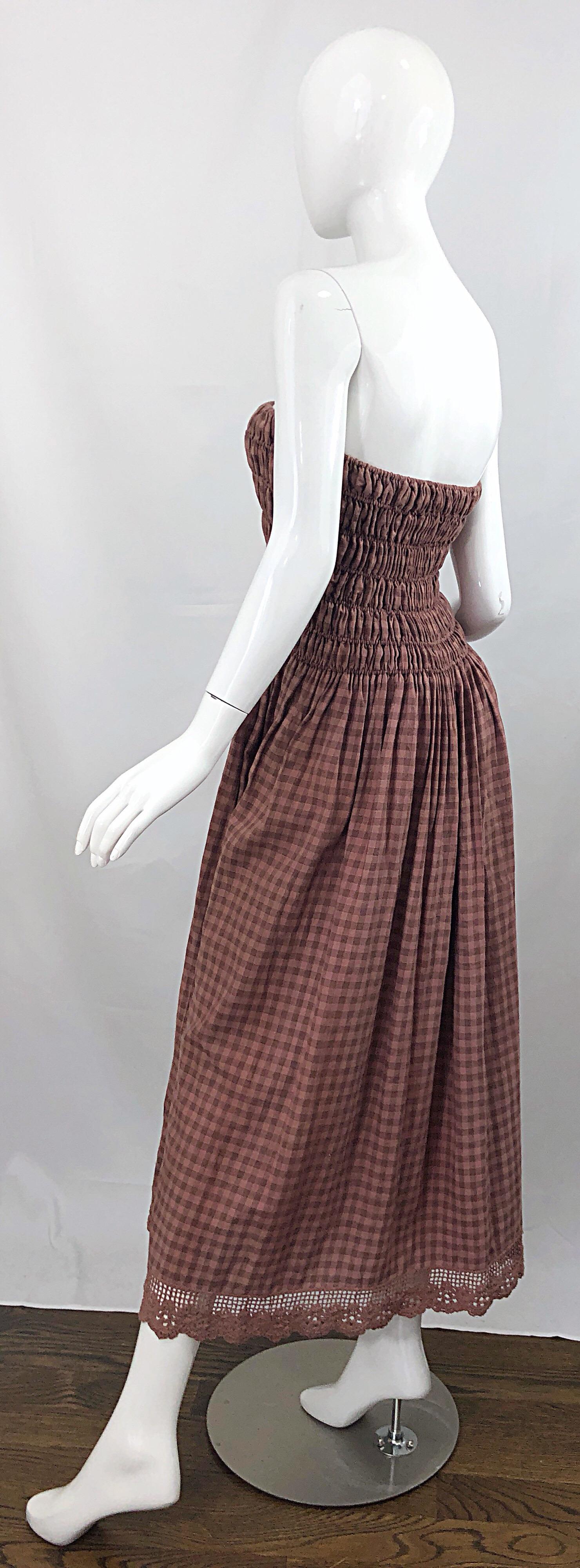 1970s Geoffrey Beene Dusty Rose Pink + Brown Crochet Strapless Ombre Midi Dress 9