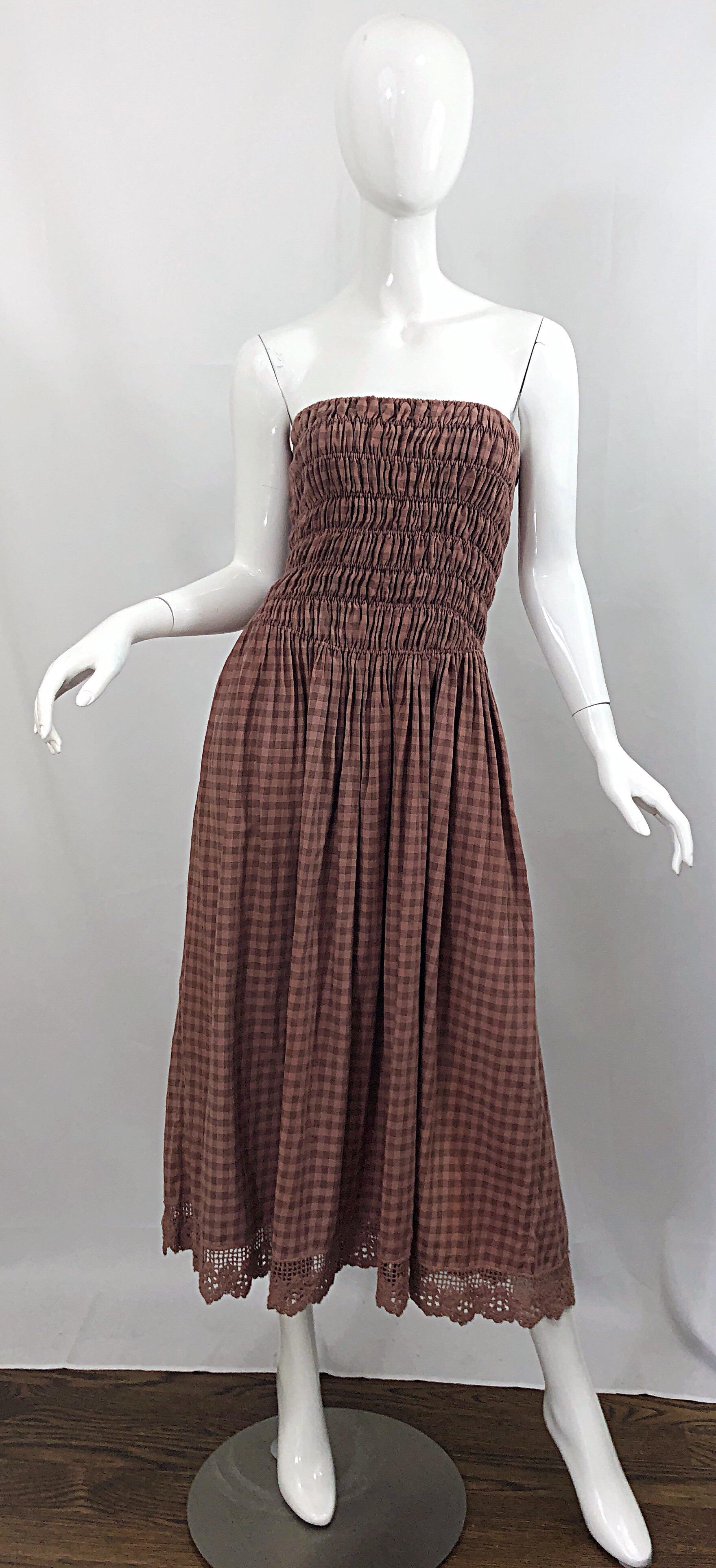 1970s Geoffrey Beene Dusty Rose Pink + Brown Crochet Strapless Ombre Midi Dress 10