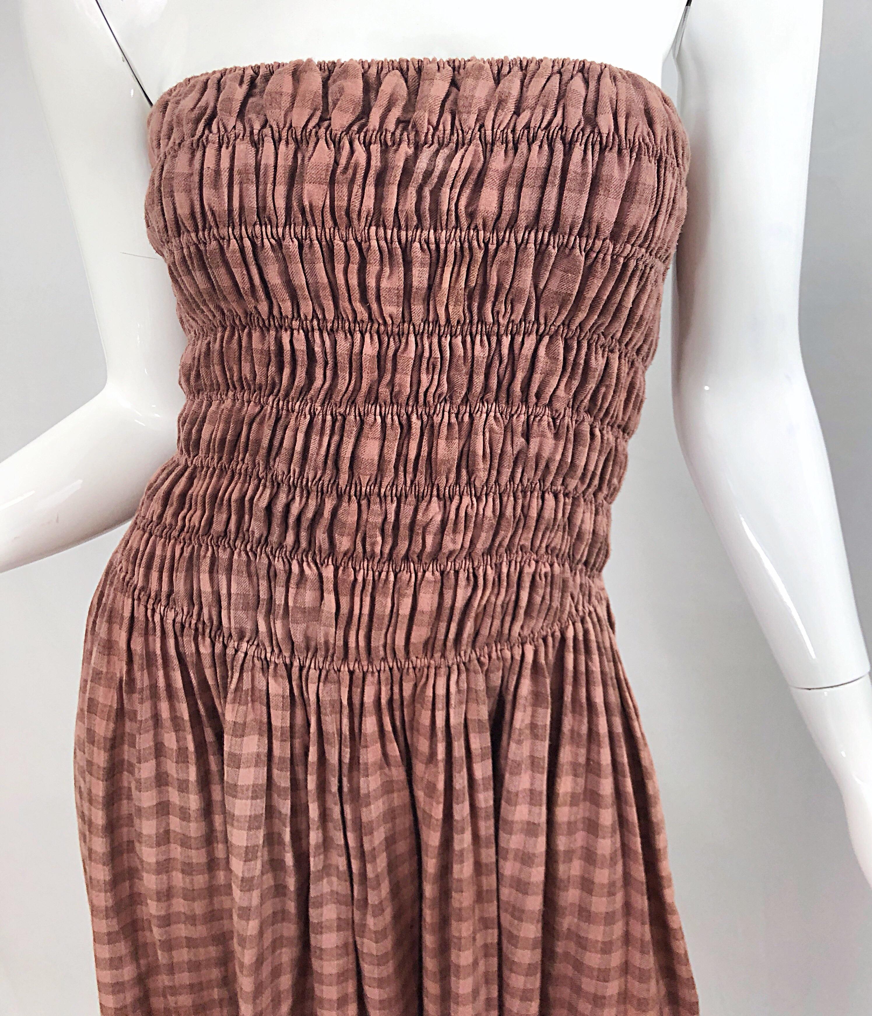 Women's 1970s Geoffrey Beene Dusty Rose Pink + Brown Crochet Strapless Ombre Midi Dress