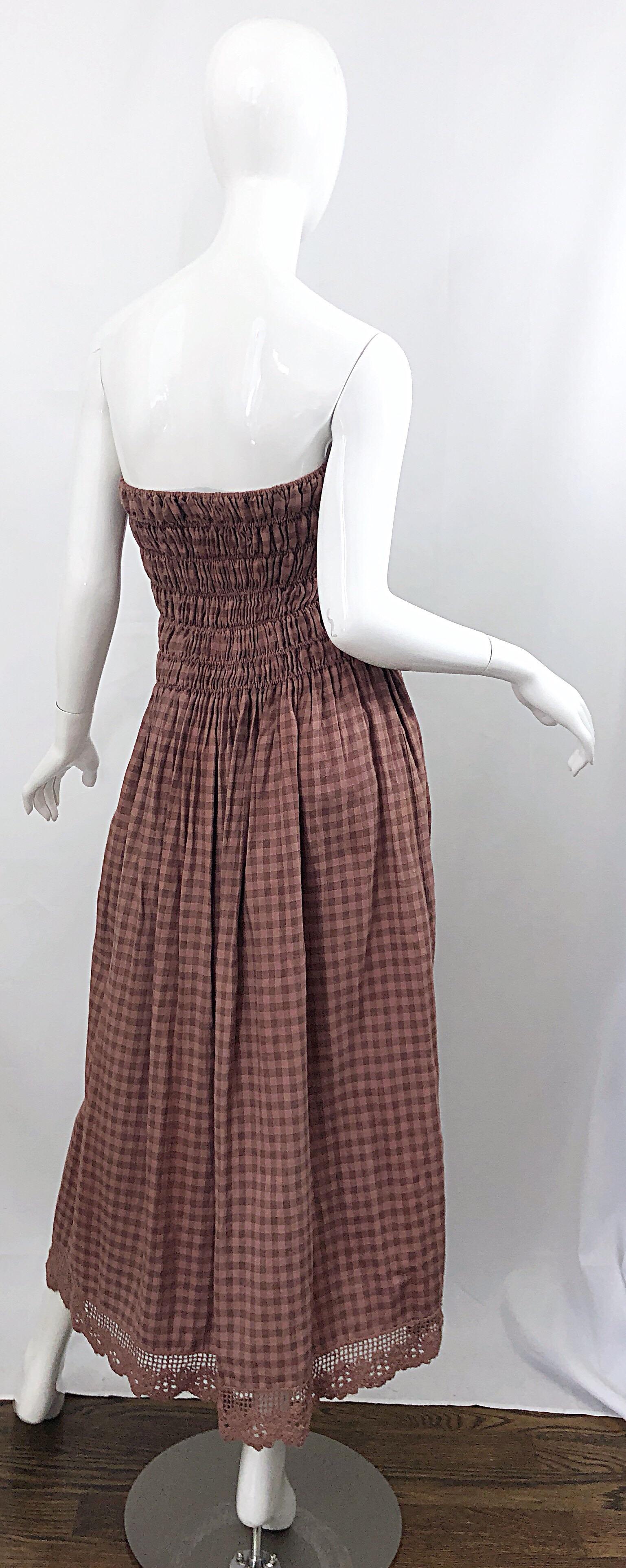 1970s Geoffrey Beene Dusty Rose Pink + Brown Crochet Strapless Ombre Midi Dress 1