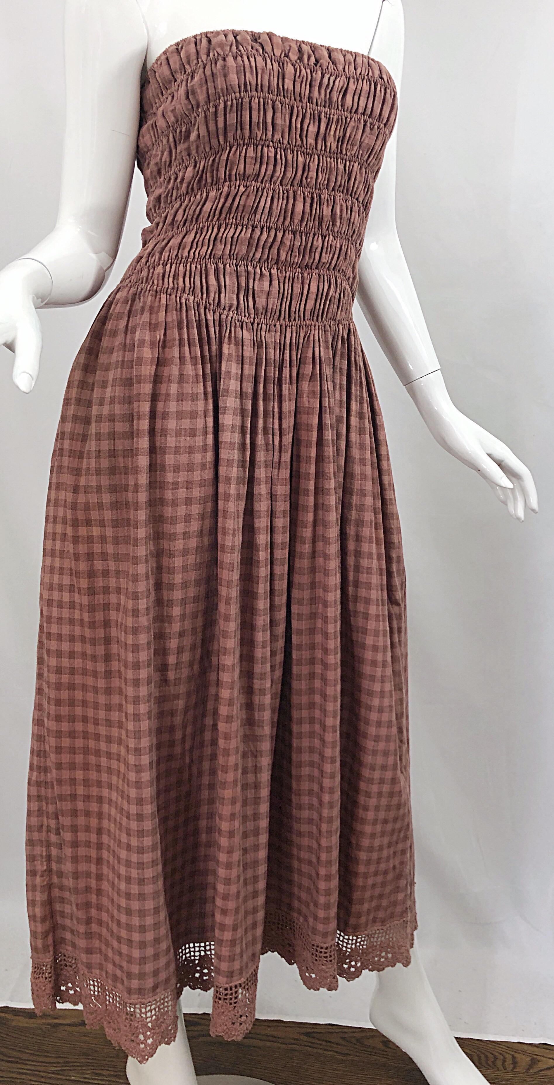 1970s Geoffrey Beene Dusty Rose Pink + Brown Crochet Strapless Ombre Midi Dress 2