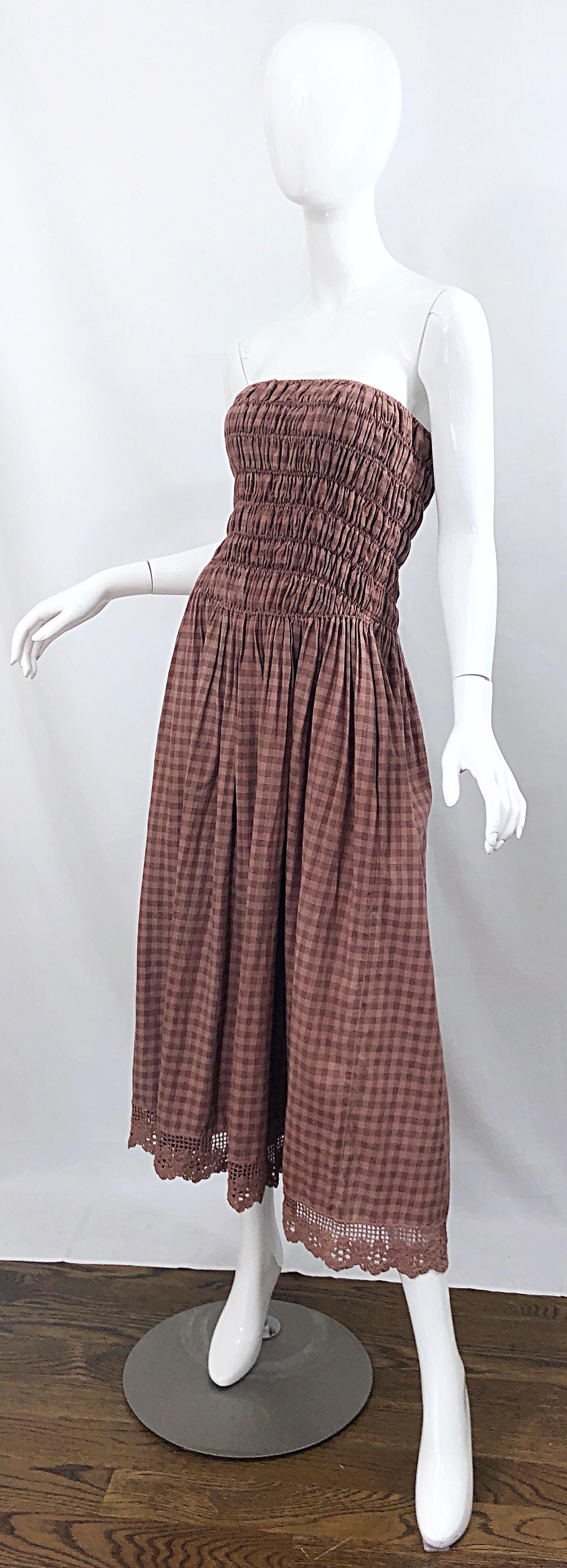 1970s Geoffrey Beene Dusty Rose Pink + Brown Crochet Strapless Ombre Midi Dress 3