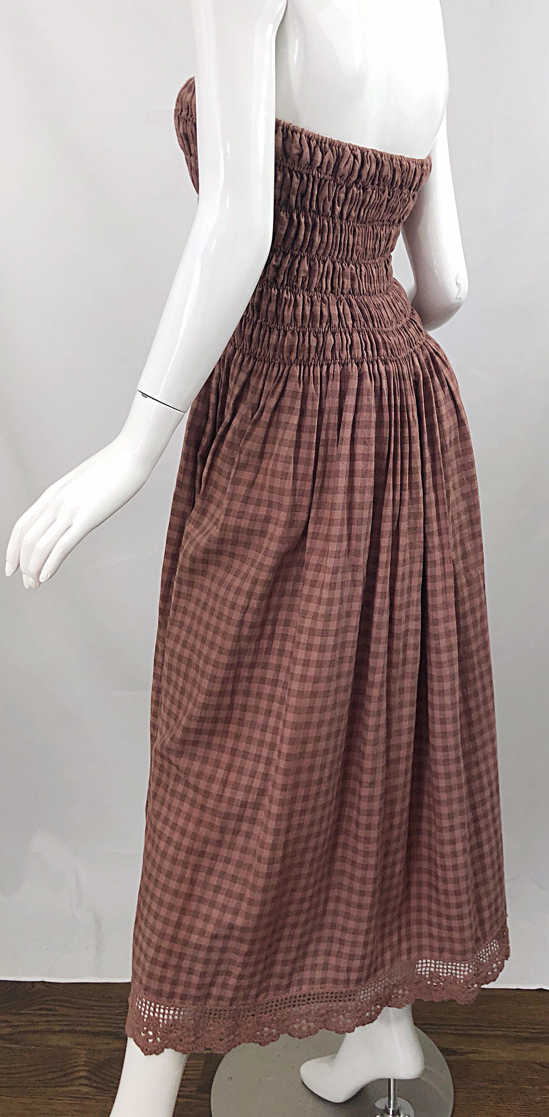 1970s Geoffrey Beene Dusty Rose Pink + Brown Crochet Strapless Ombre Midi Dress 4