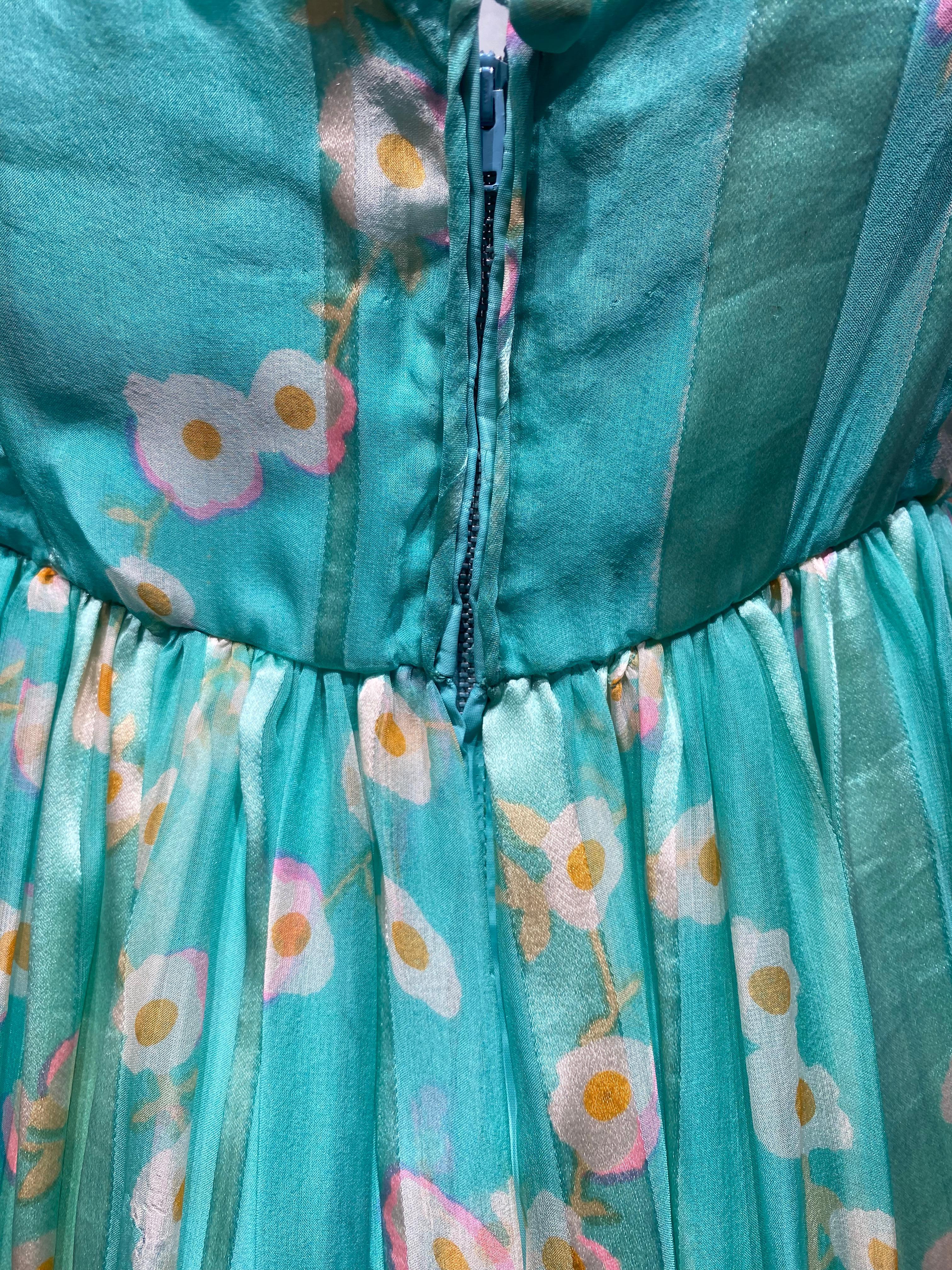 1970s Geoffrey Beene Green Floral Print Silk Dress For Sale 1