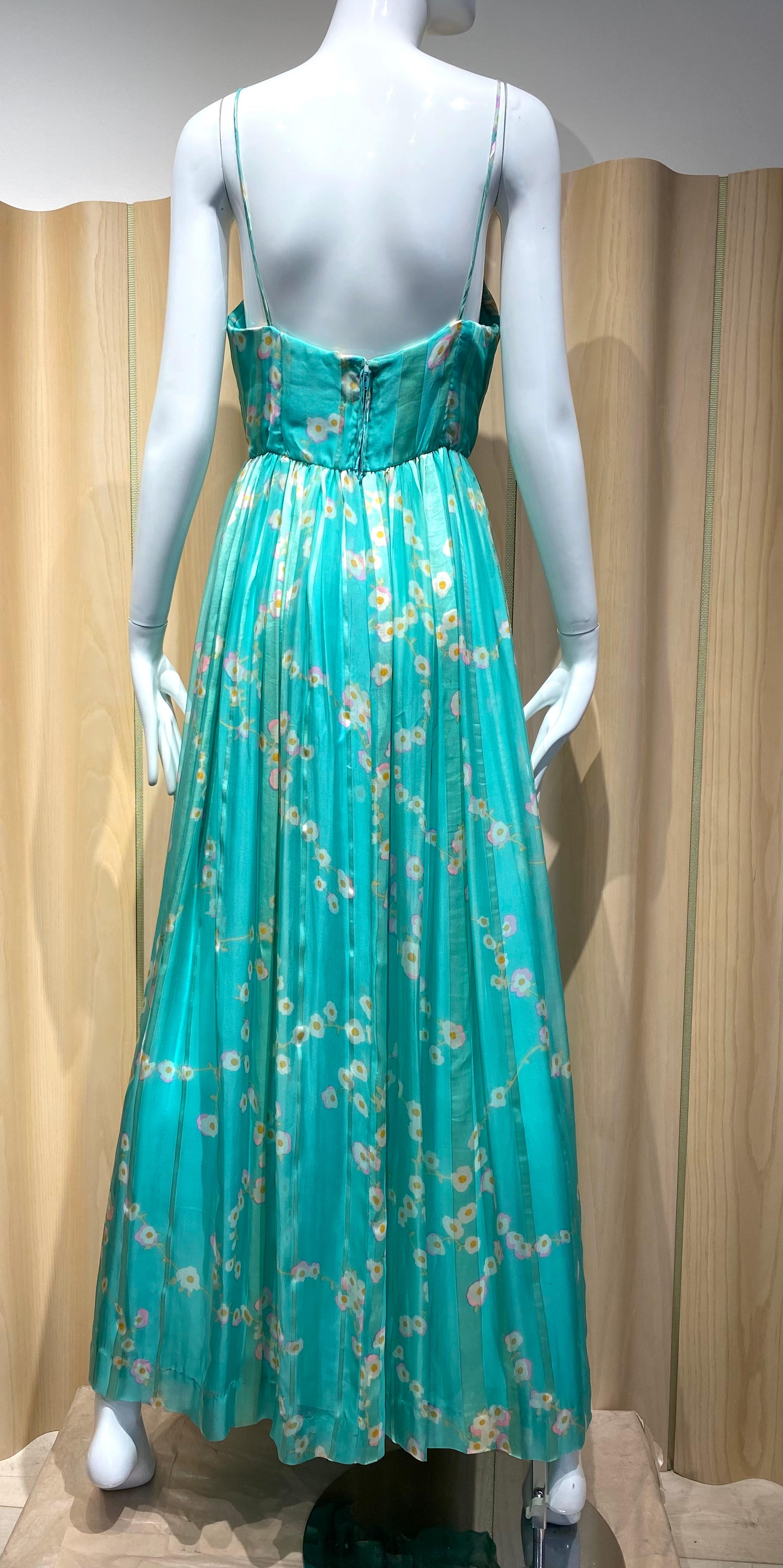1970s Geoffrey Beene Green Floral Print Silk Dress For Sale 2