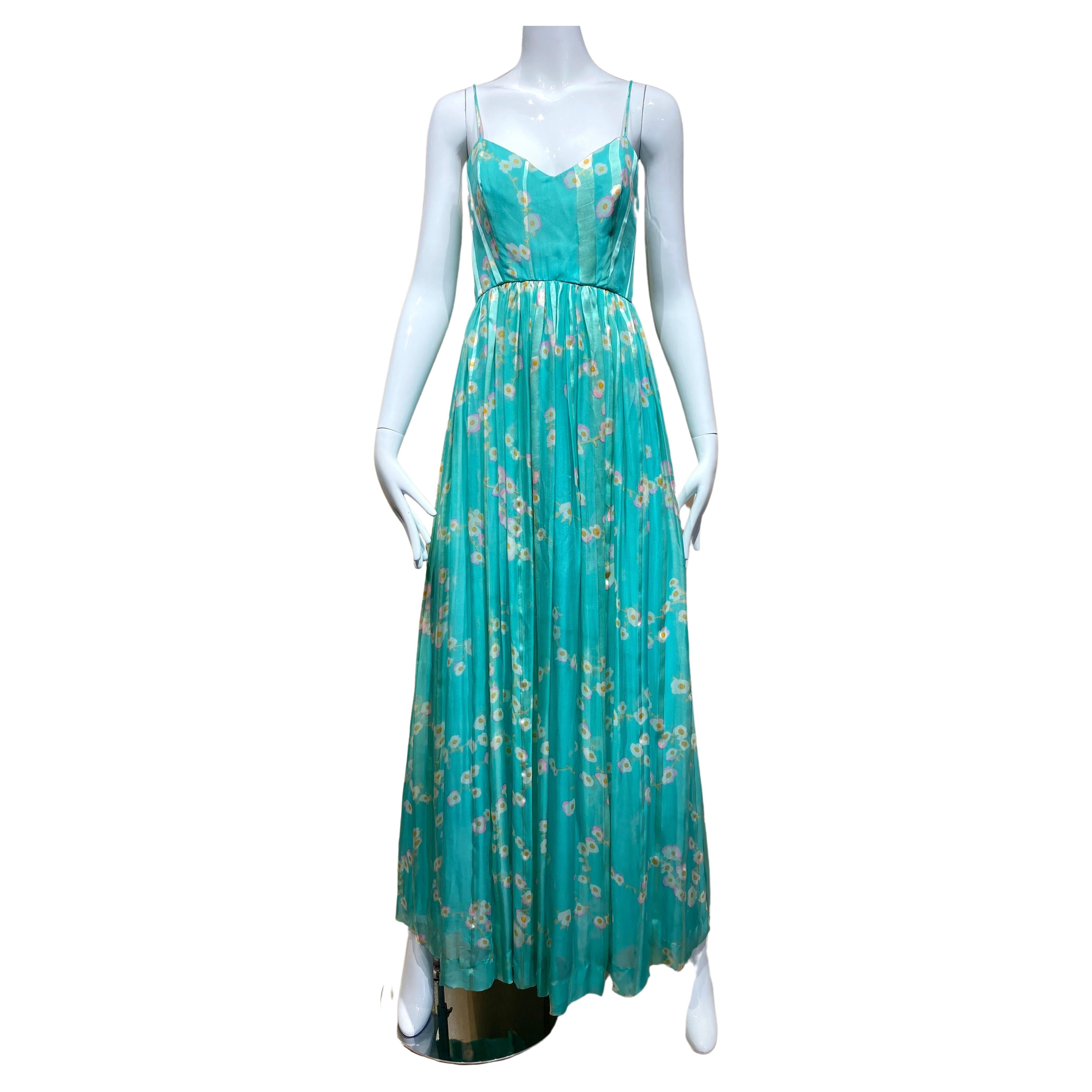 1970s Geoffrey Beene Green Floral Print Silk Dress