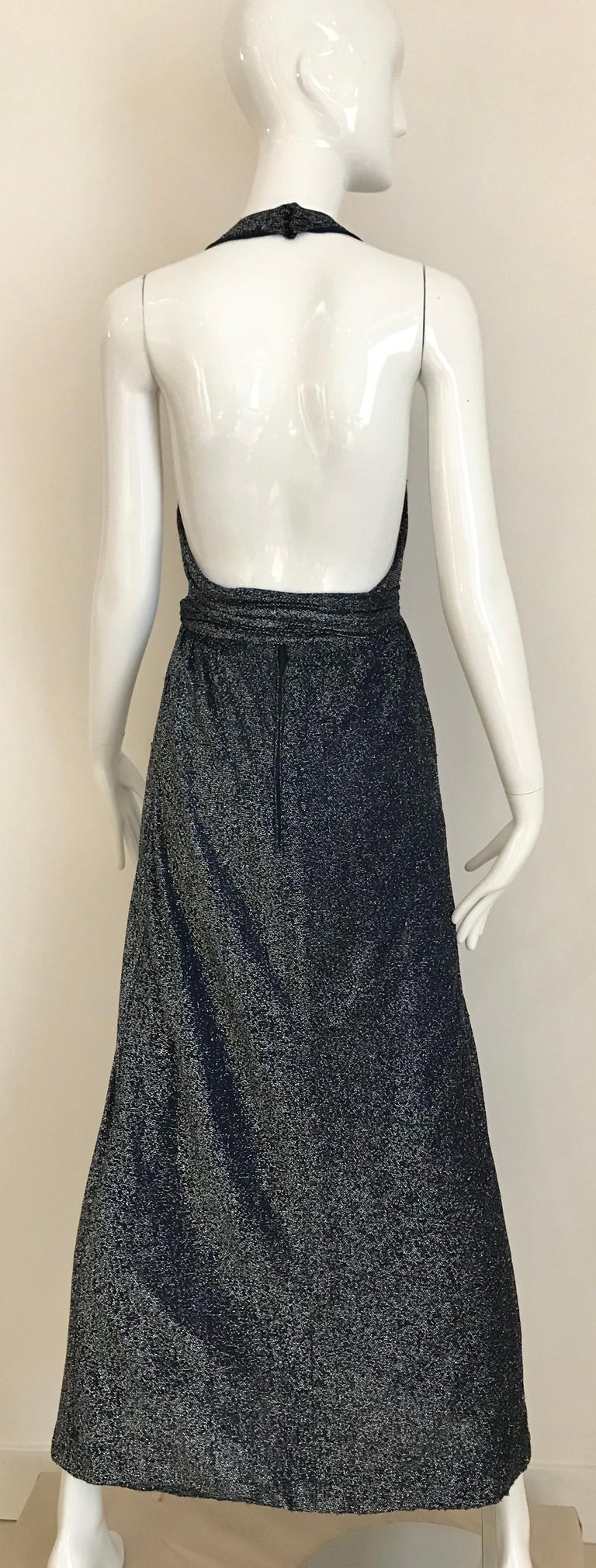 Women's 1970s Geoffrey Beene Navy Blue Metallic Halter Dress For Sale
