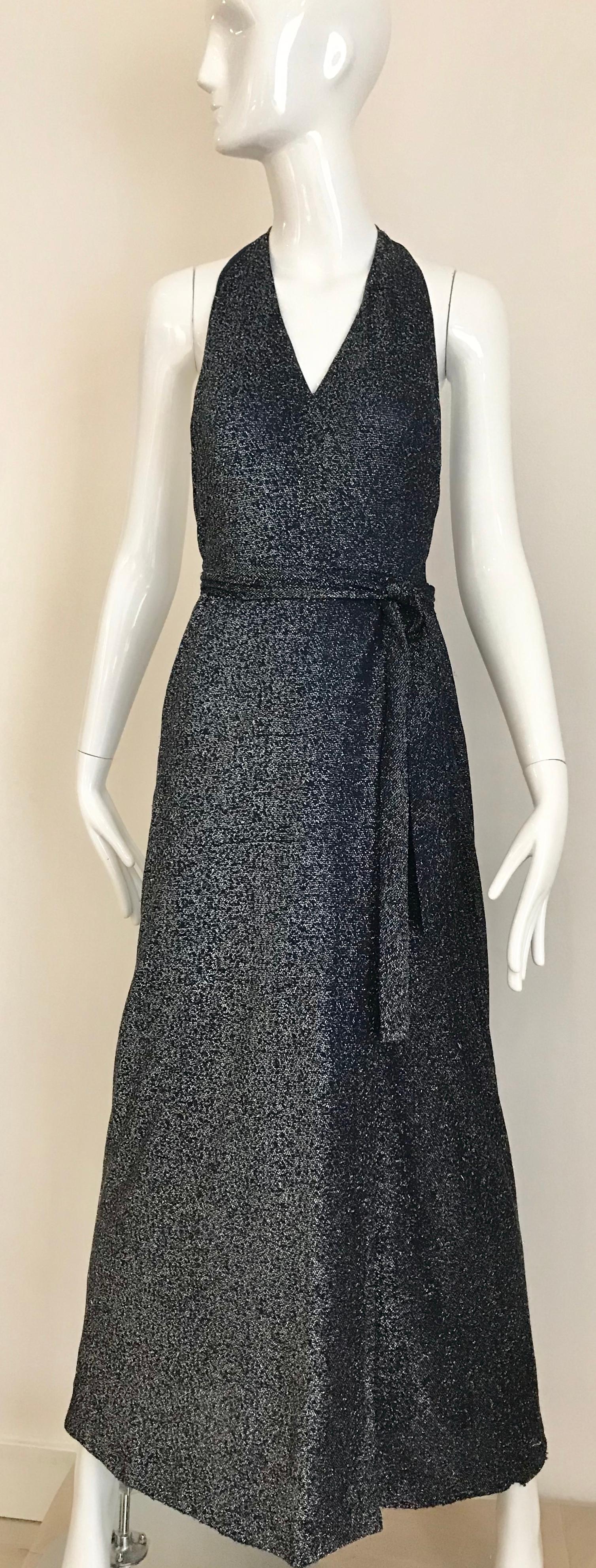 1970s Geoffrey Beene Navy Blue Metallic Halter Dress For Sale 1