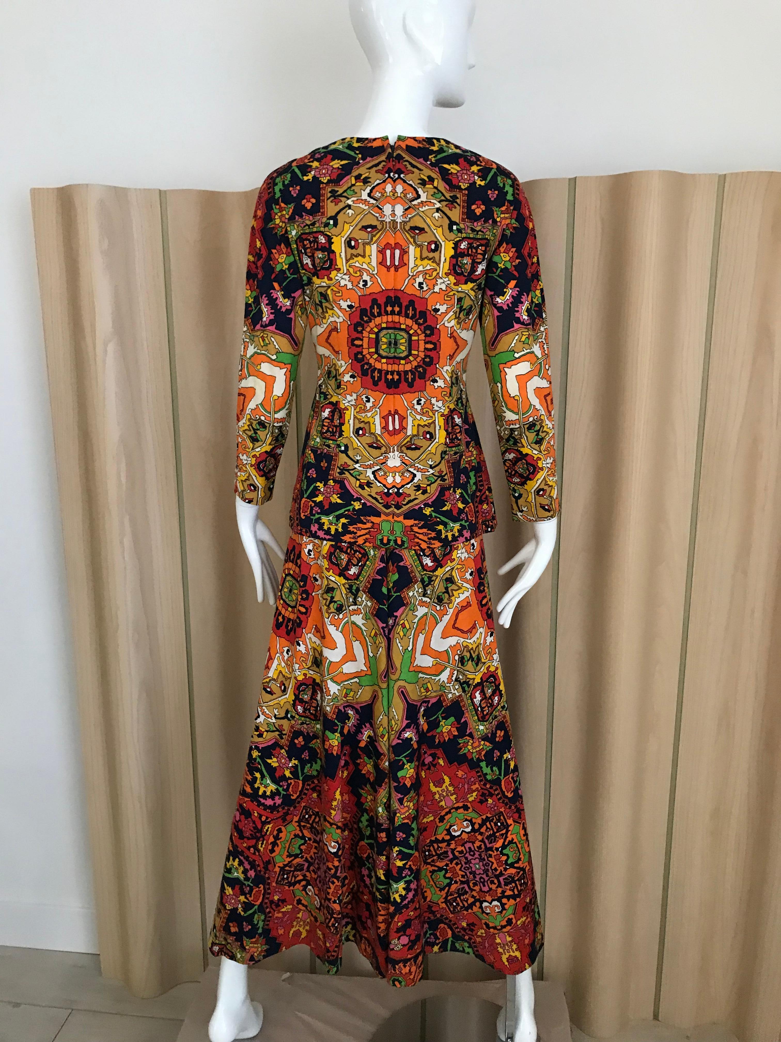 Brown 1970s Geoffrey Beene Psychadelic Print  Long Sleeve Knit Top and Palazzo Pant