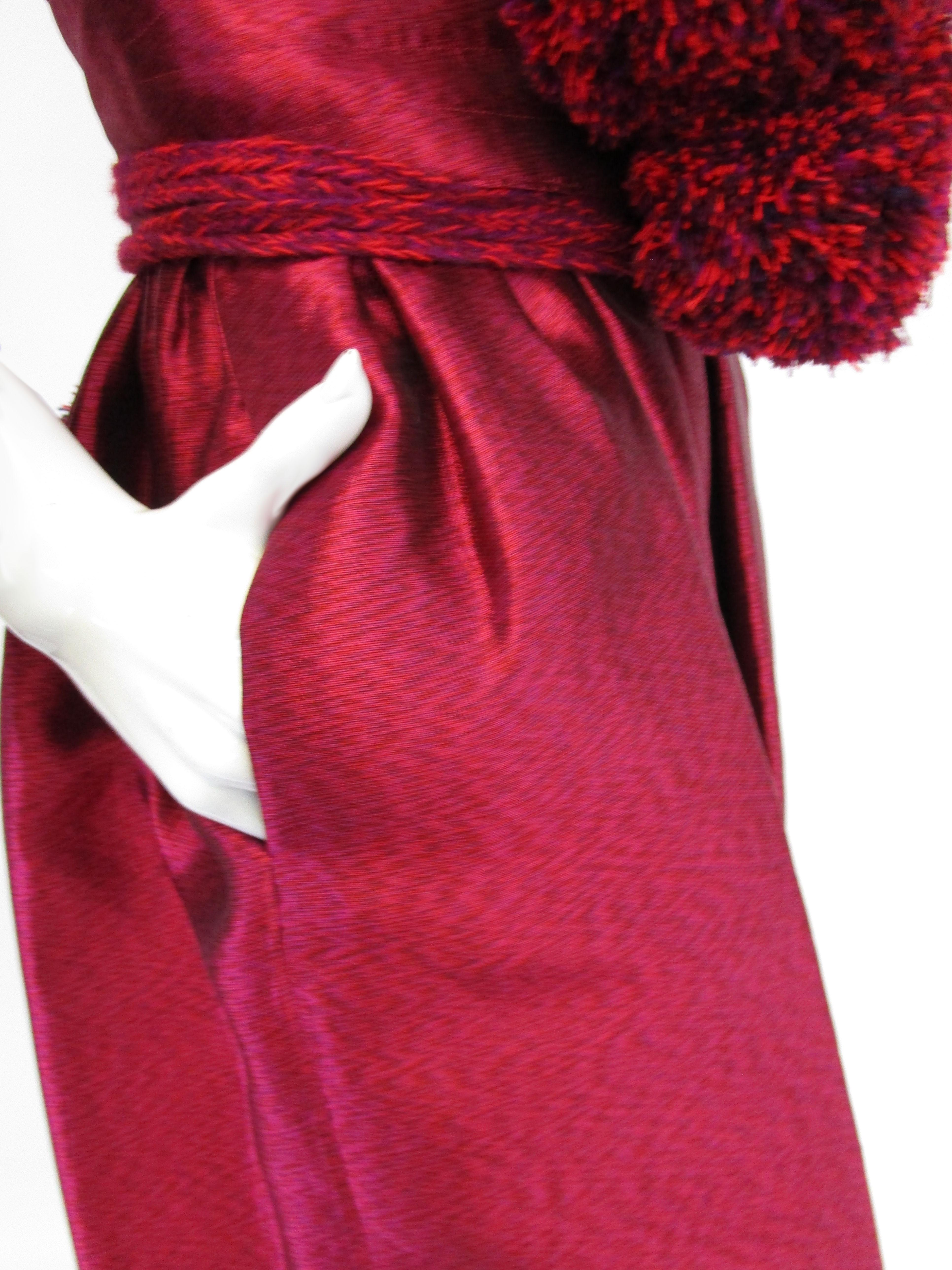 1970s Geoffrey Beene Raspberry Iridescent Silk Evening Dress W/ Pom-pom Belt  For Sale 4
