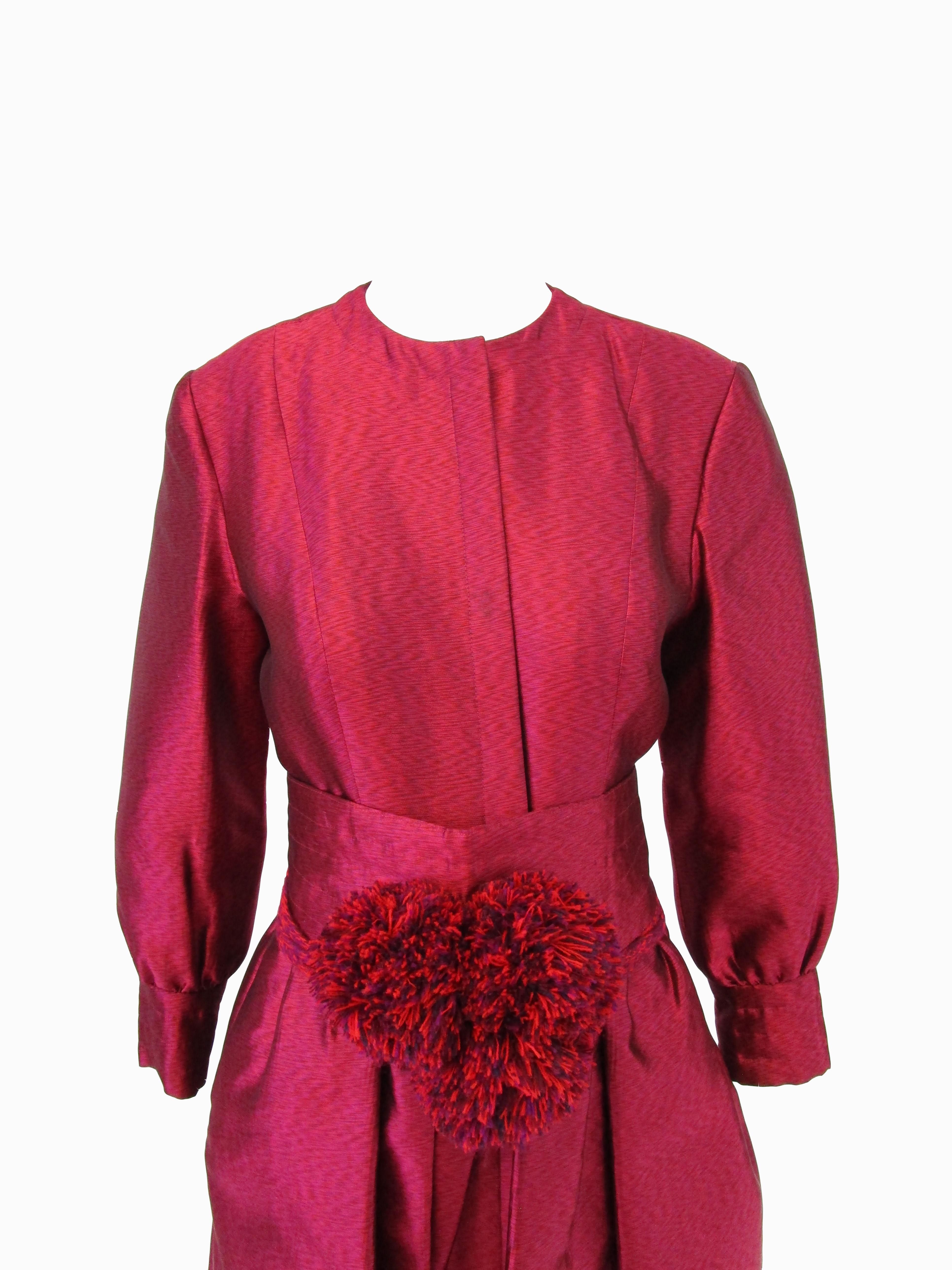 Red 1970s Geoffrey Beene Raspberry Iridescent Silk Evening Dress W/ Pom-pom Belt  For Sale