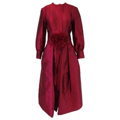 1970s Geoffrey Beene Raspberry Iridescent Silk Evening Dress W/ Pom-pom Belt 