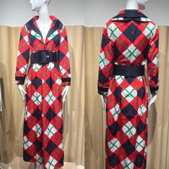 1970s Geoffrey Beene Red, Black, and Green Plaid Maxi Dress