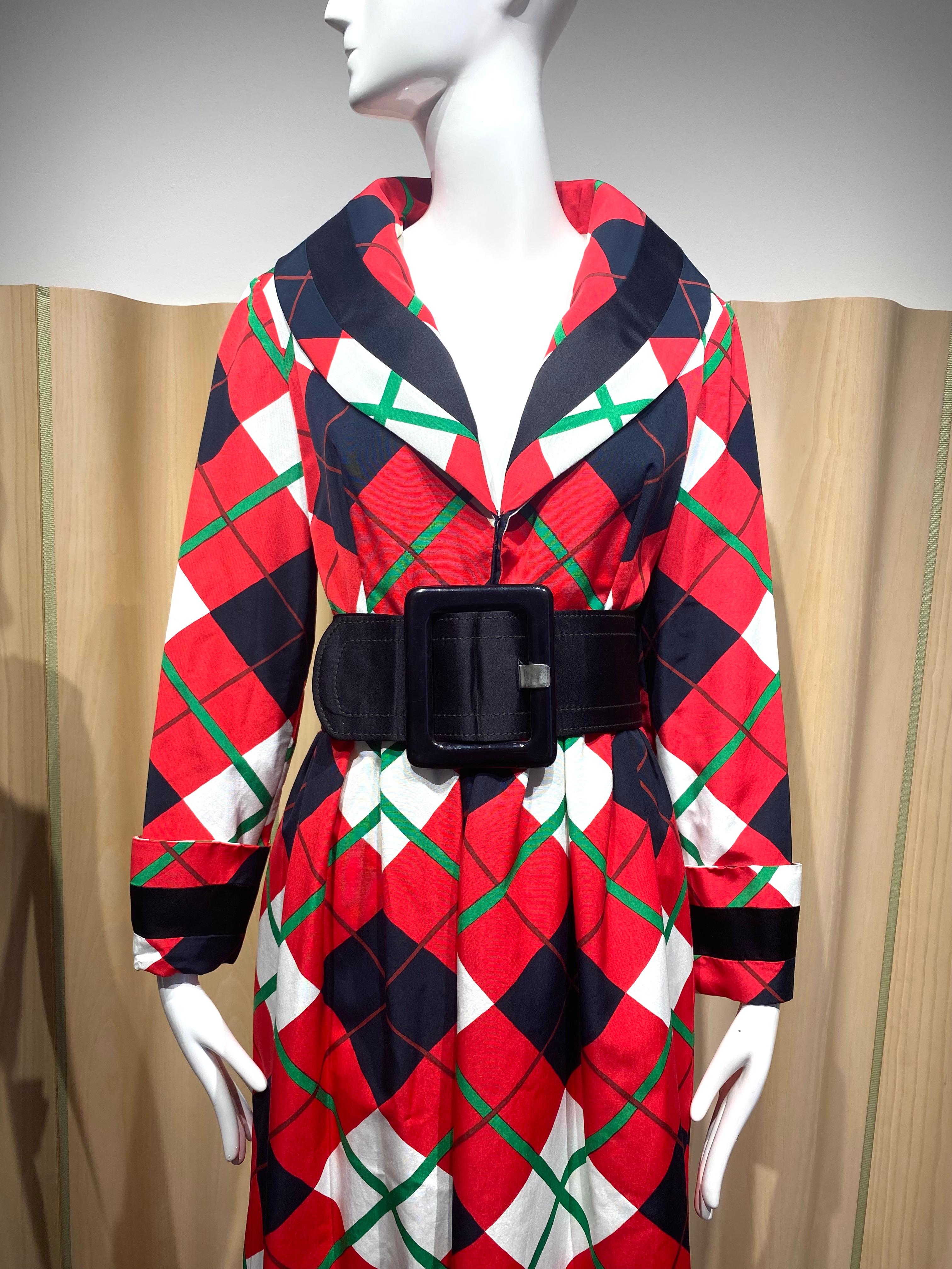 1970s Geoffrey Beene Red, Black, and Green Plaid Maxi Dress For Sale 2