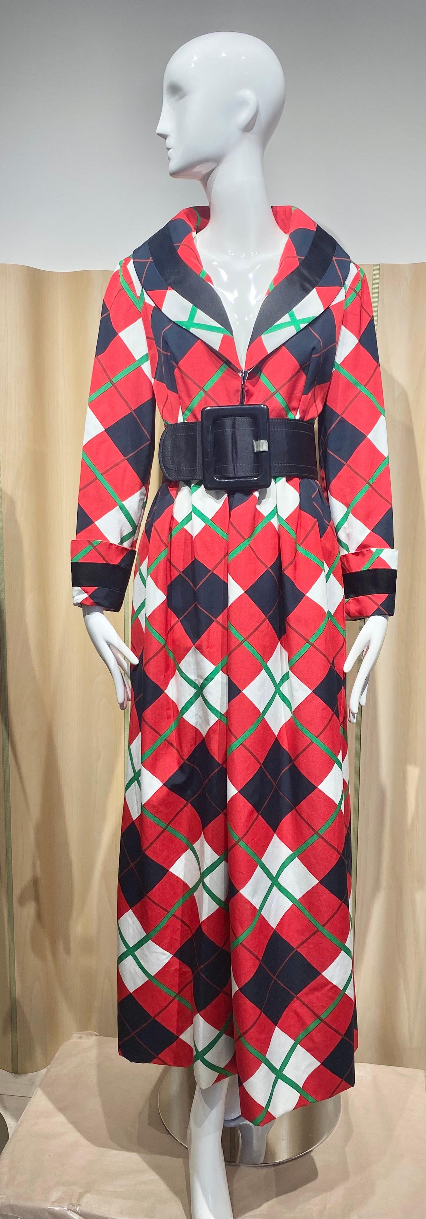 1970s Geoffrey Beene Red, Black, and Green Plaid Maxi Dress For Sale 5