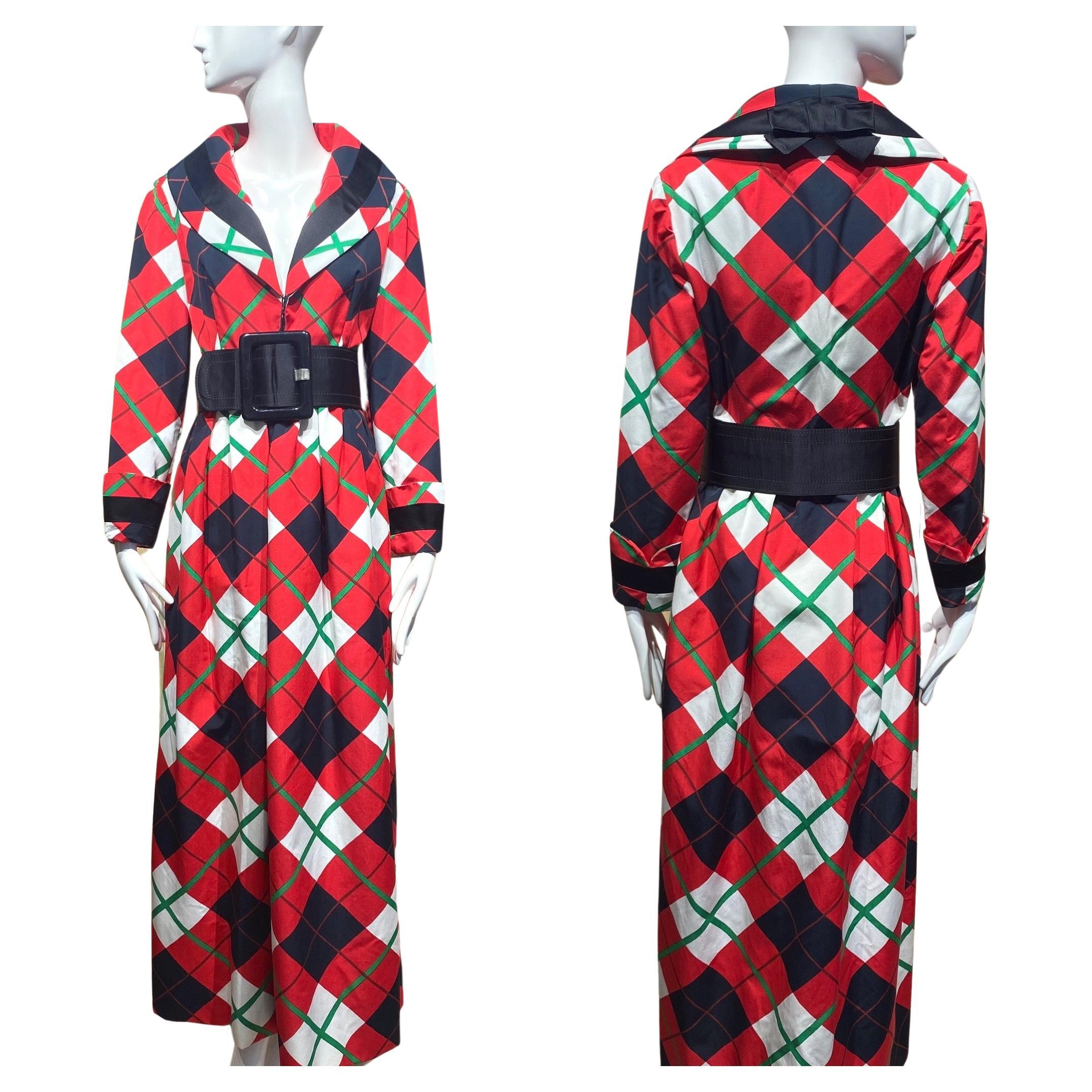 1970s Geoffrey Beene Red, Black, and Green Plaid Maxi Dress For Sale