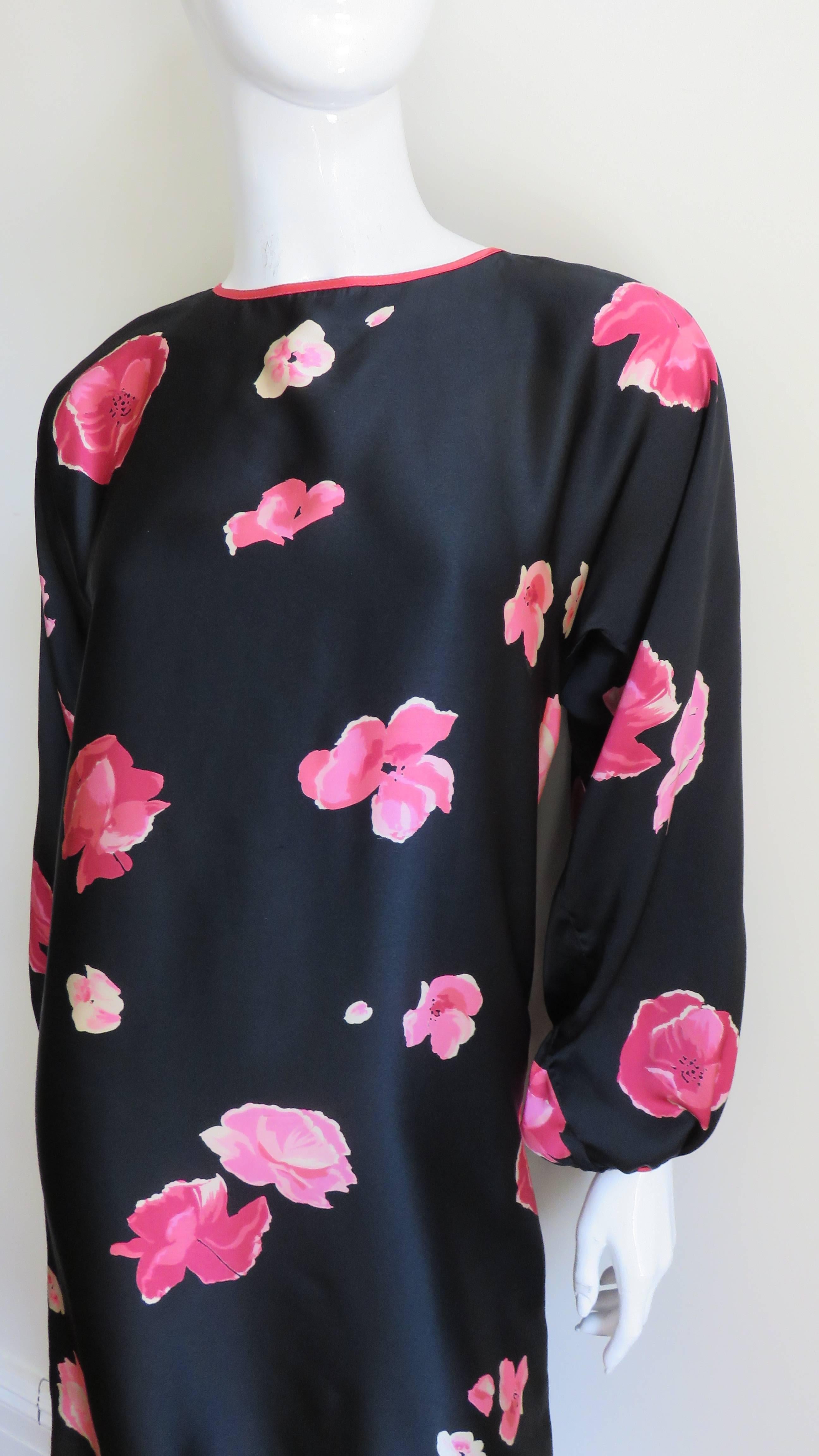 Black  Geoffrey Beene Flower Silk Dress 1970s For Sale