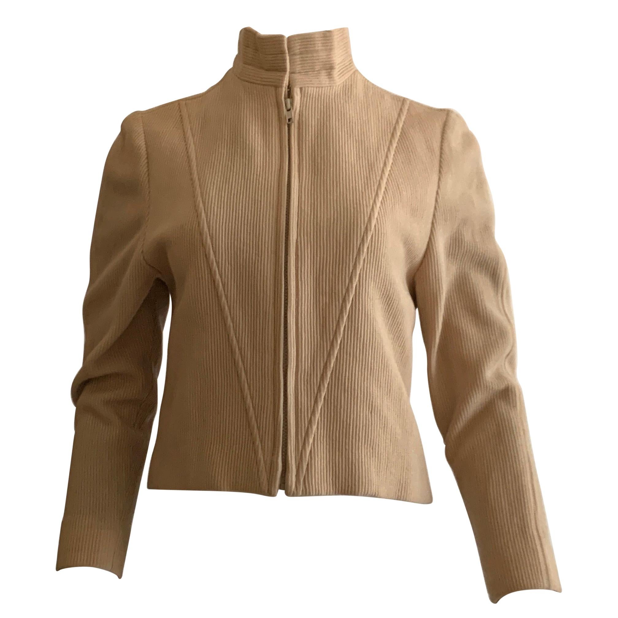 1970s Geoffrey Beene Tan Rib Knit Zip Front Jacket 