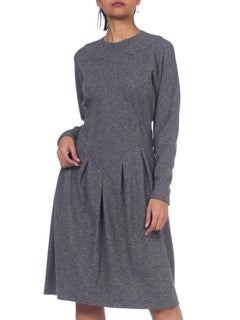 1980S GEOFFREY BEENE Grey Wool Knit Long Sleeve Sweater Dress With Partial Silk