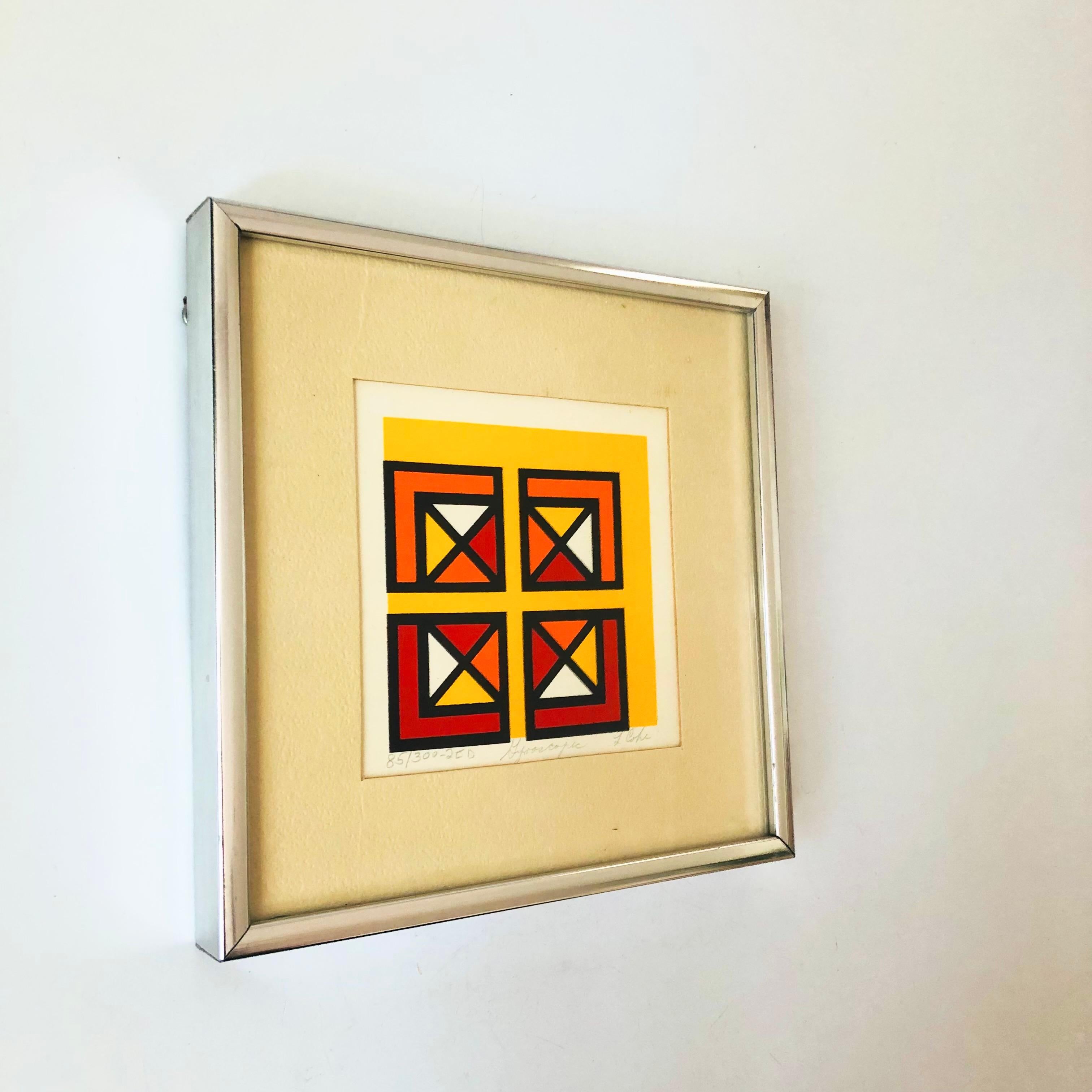 A mid century geometric abstract serigraph by artist L Cohe. Estimated to have been produced  circa 1970. Titled 