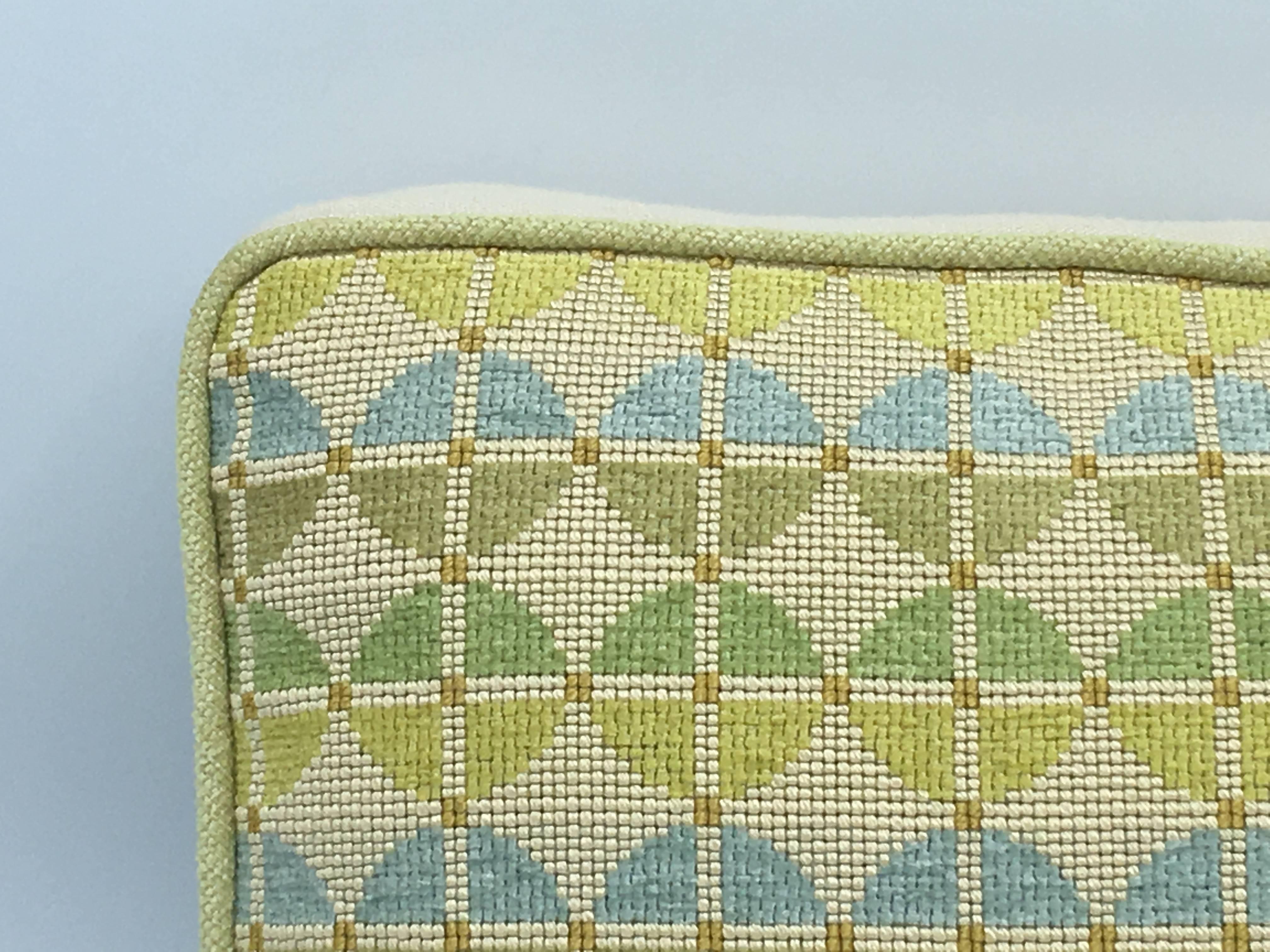 Offered is a gorgeous, 1970s geometric blue and green needlepoint pillow. Linen backing with hidden zipper closure. Down-fill insert.