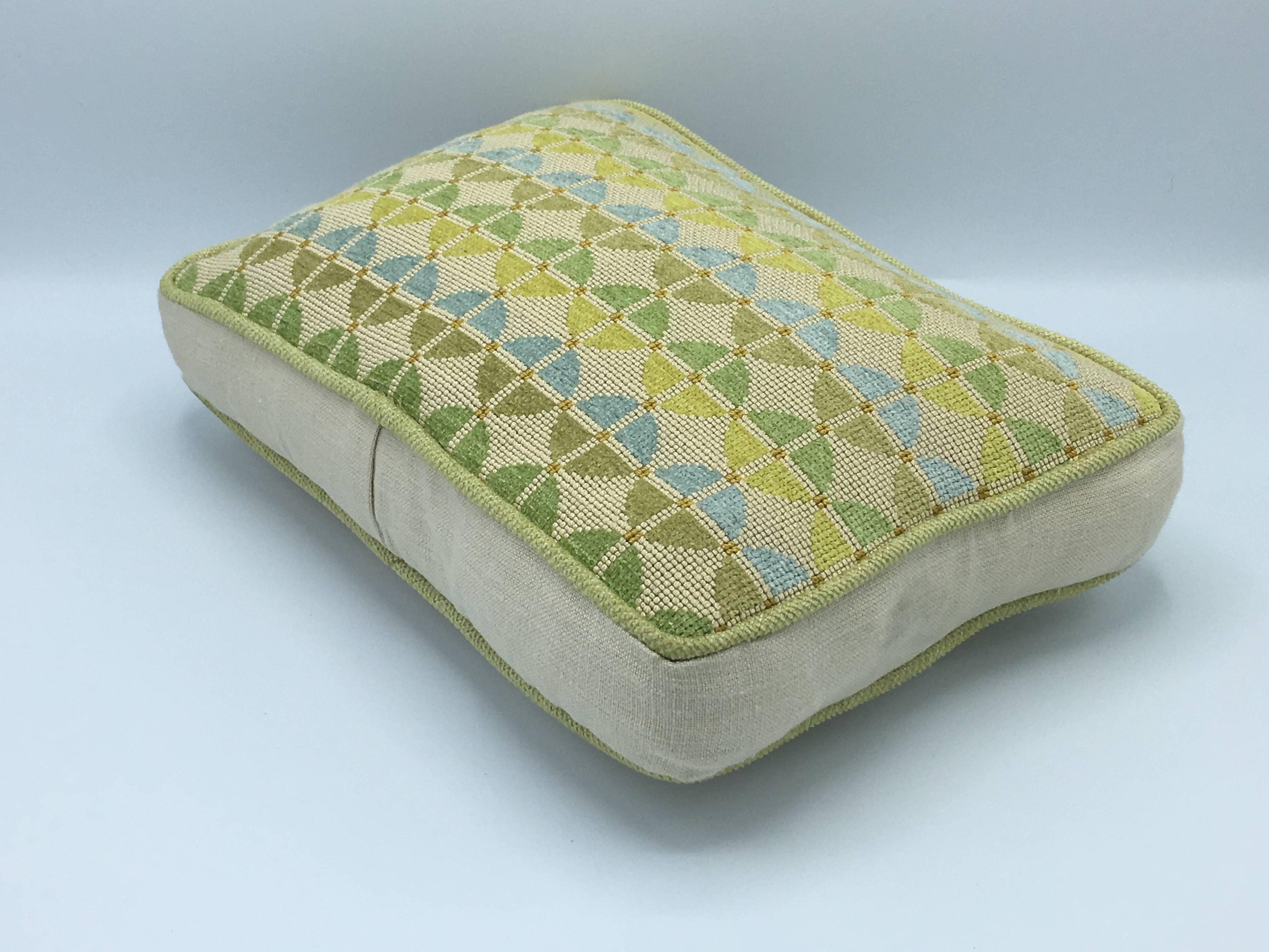 Mid-Century Modern 1970s Geometric Blue and Green Needlepoint Pillow with Linen Backing For Sale
