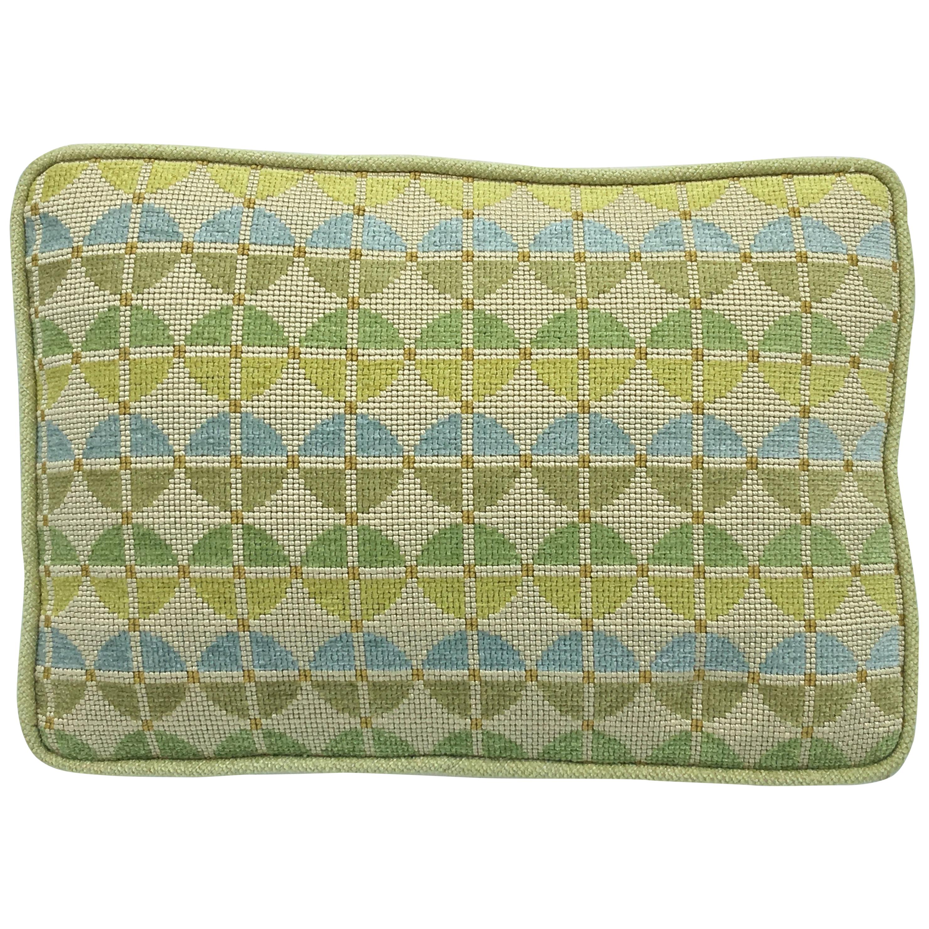 1970s Geometric Blue and Green Needlepoint Pillow with Linen Backing For Sale