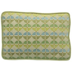 1970s Geometric Blue and Green Needlepoint Pillow with Linen Backing 1970s Geometric Blue and Green Needlepoint Pillow with Linen Backing