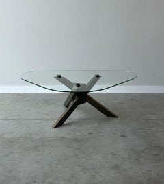 1970s Geometric Brass and Glass Tripod Coffee Table
